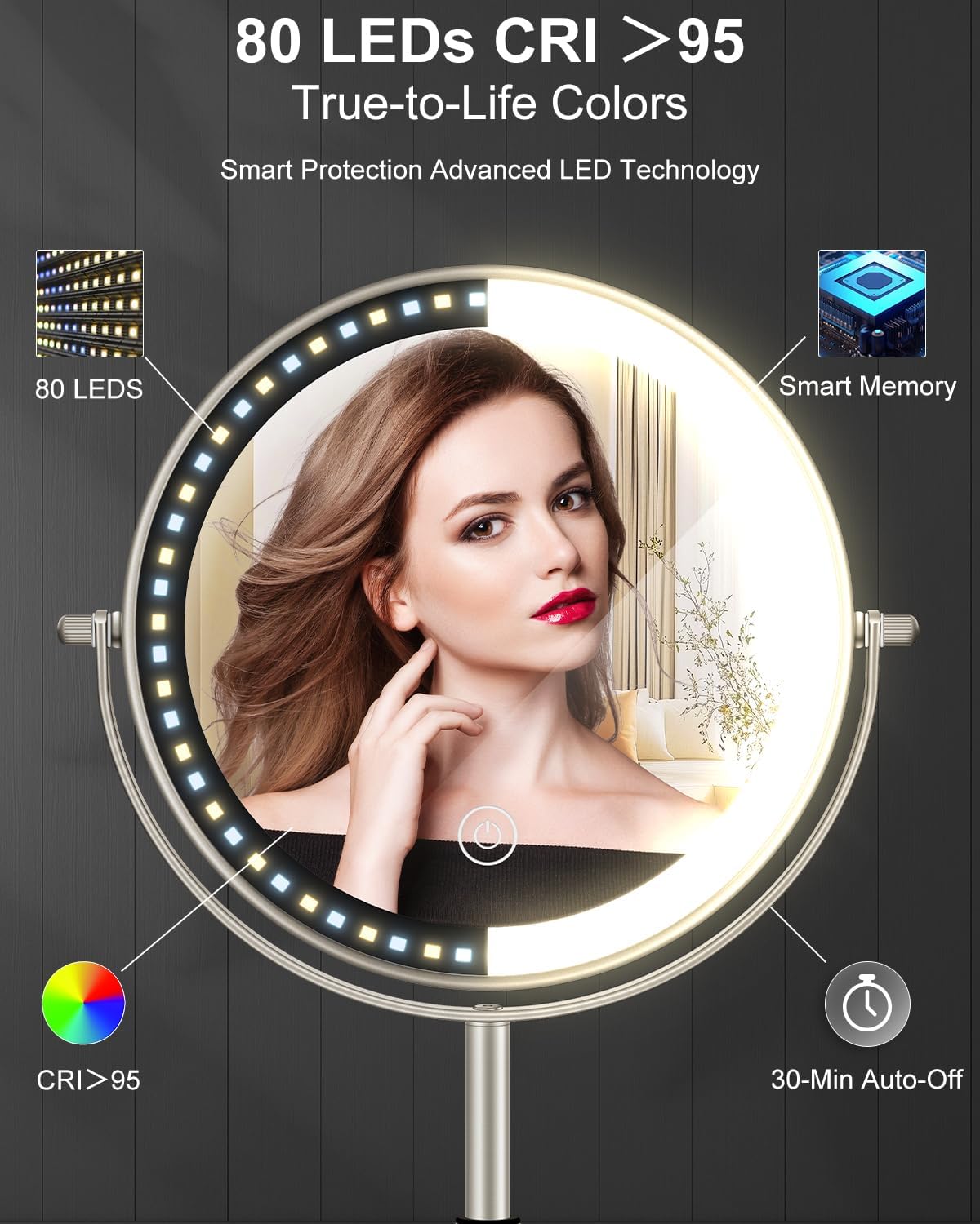 Makeup Mirror with Lights - 1X/30X Adjustable Magnifying Vanity Mirror | Rechargeable, Double-Sided, 3 LED Brightness Options