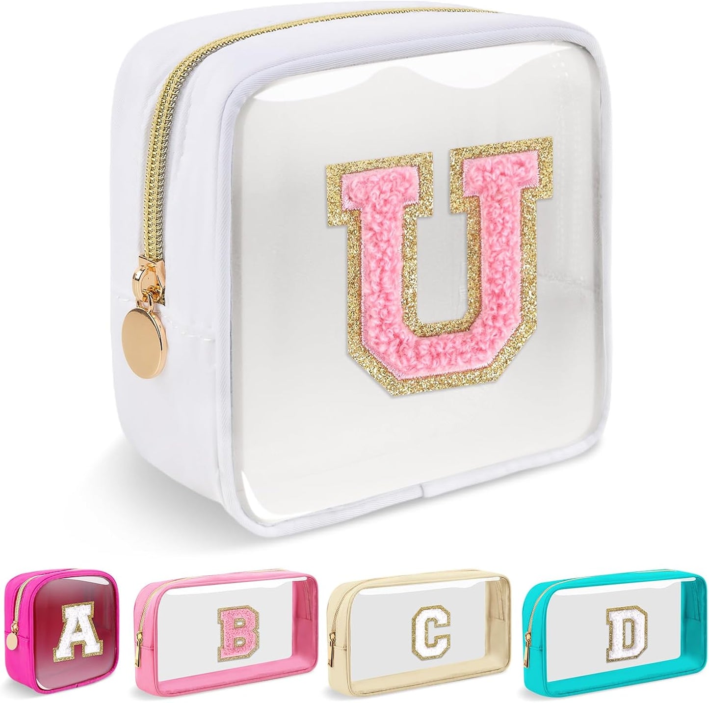 Personalized Initial Makeup Bag - Waterproof Nylon Cosmetic Pouch | A-Z Chenille Letter Patch, White-Pink G