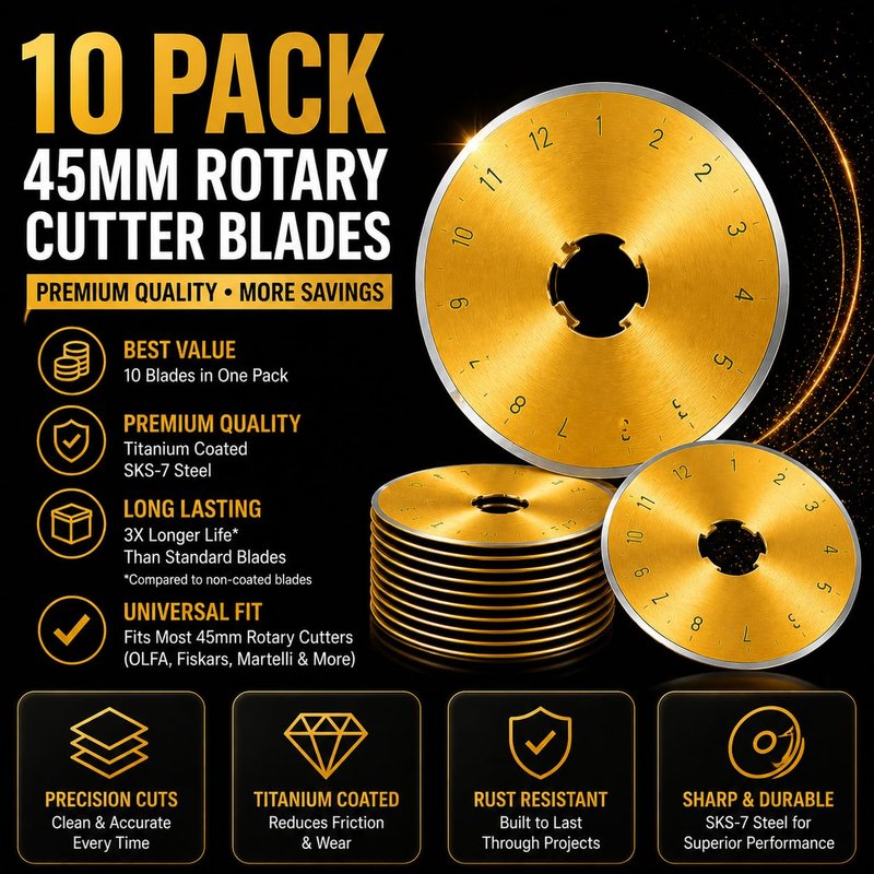 SKS-7 Titanium Coated 10 Packs 45mm Rotary Cutter Blades Replacement Compatible with Olfa, Fiskar, Martelli, Truecut Cutter Patchwork Tool, Perfect for Cuts Fabric, Sewing, Leather and Paper