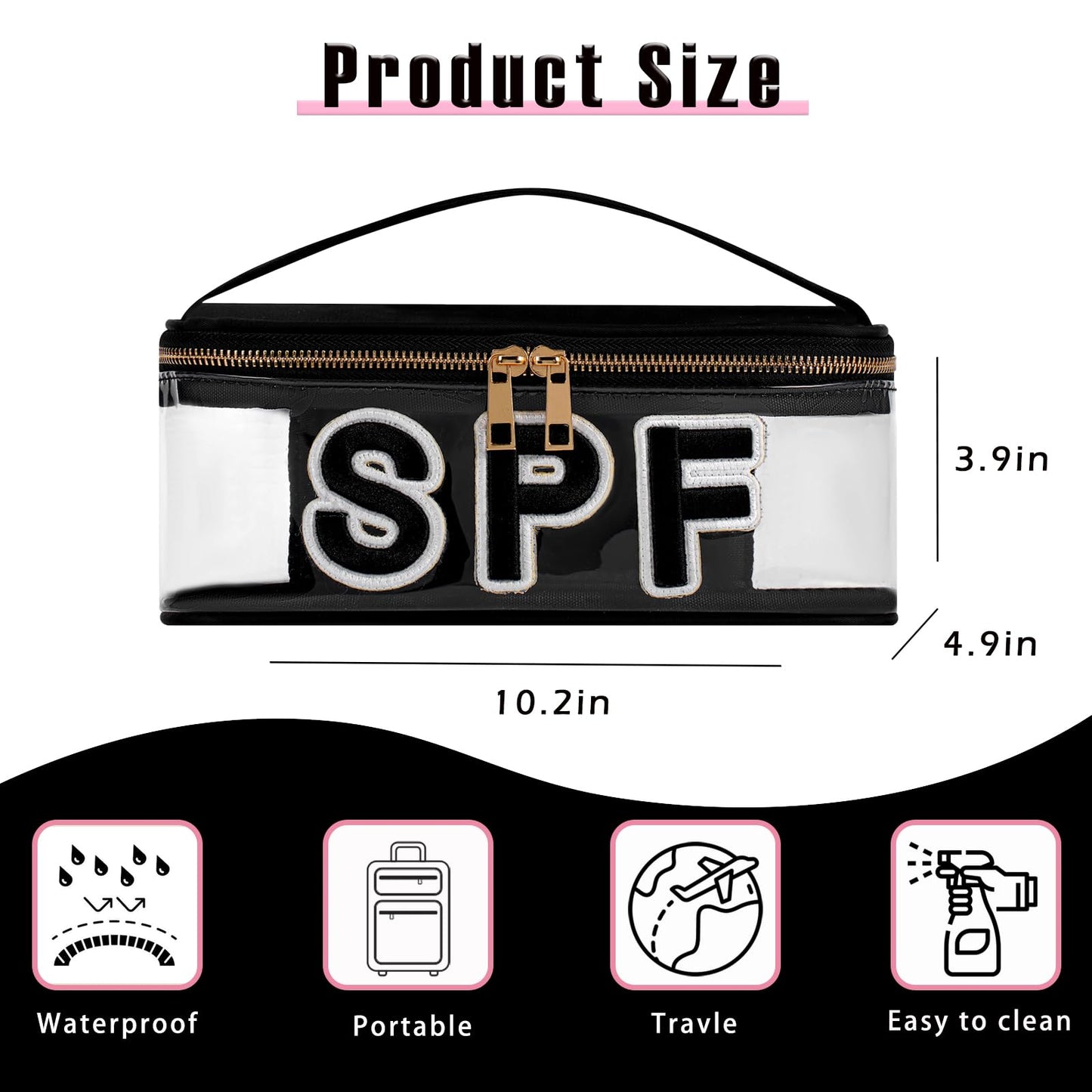 RSRSLEII Clear Waterproof Summer SPF Makeup Bag，Aesthetic Transparent Letter Patch Cosmetic Bag with Metal Zipper, Preppy Sunscreen Accessories Storage Organization, Beach Travel Purse(07SPF Black)