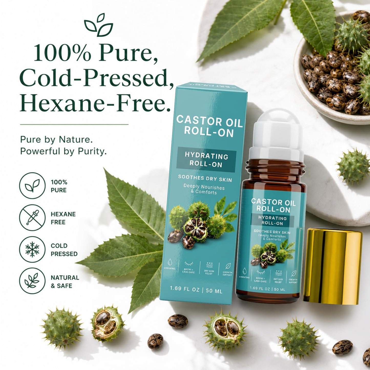 Tailverse Organic Castor Oil with Rose Quartz Roll On – 50ml Glass Bottle, Cold Pressed & Unrefined, Hexane Free, Moisturize Face & Body