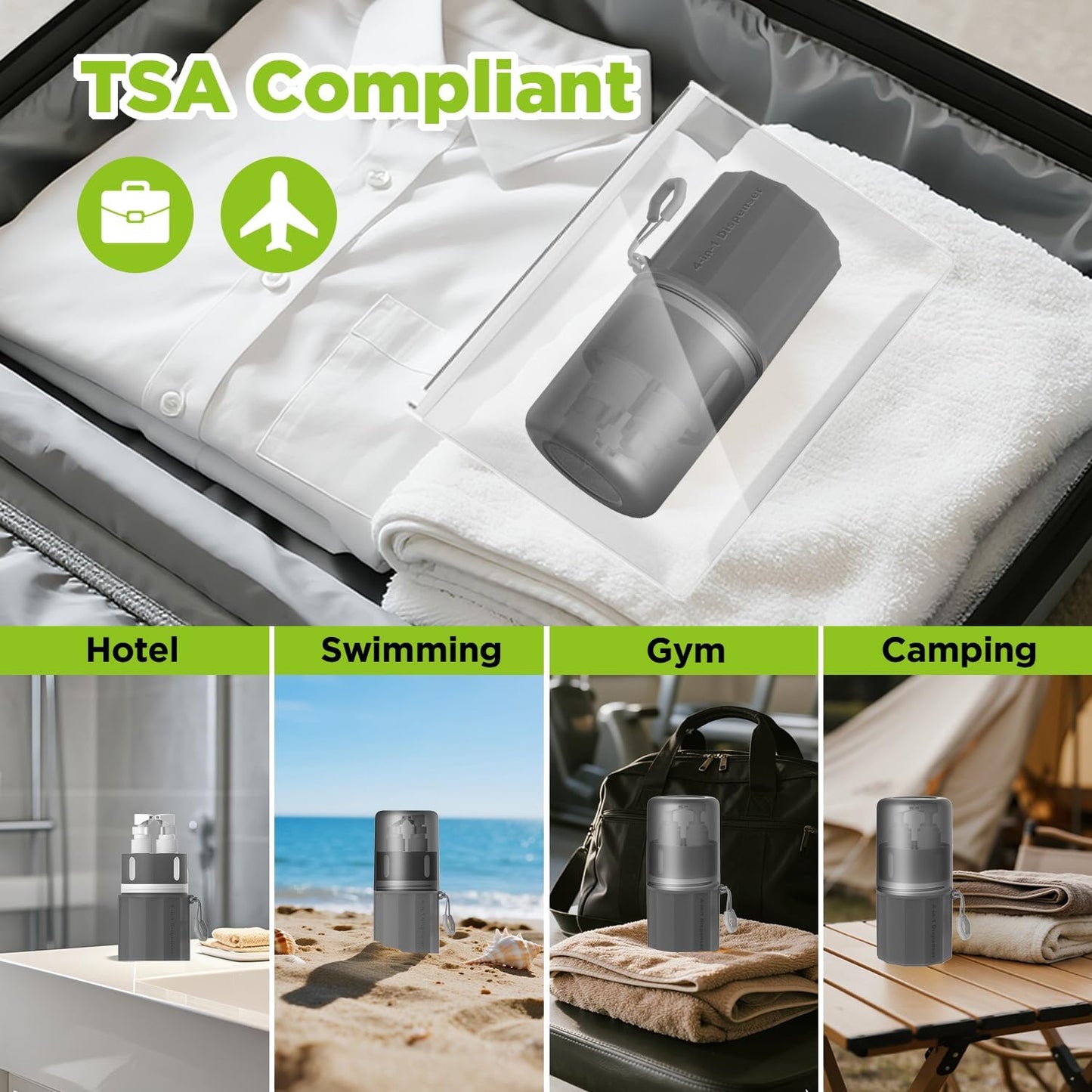 Travel Toiletry Containers - TSA Approved 4-in-1 Refillable Bottles Set with Suction Cup | Grey