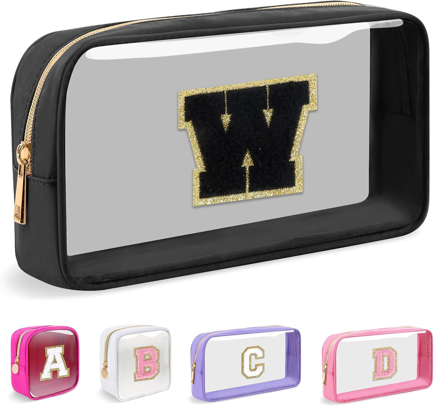 Personalized Initial Makeup Bag - Waterproof Nylon Cosmetic Pouch | A-Z Chenille Letter Patch, White-Pink G