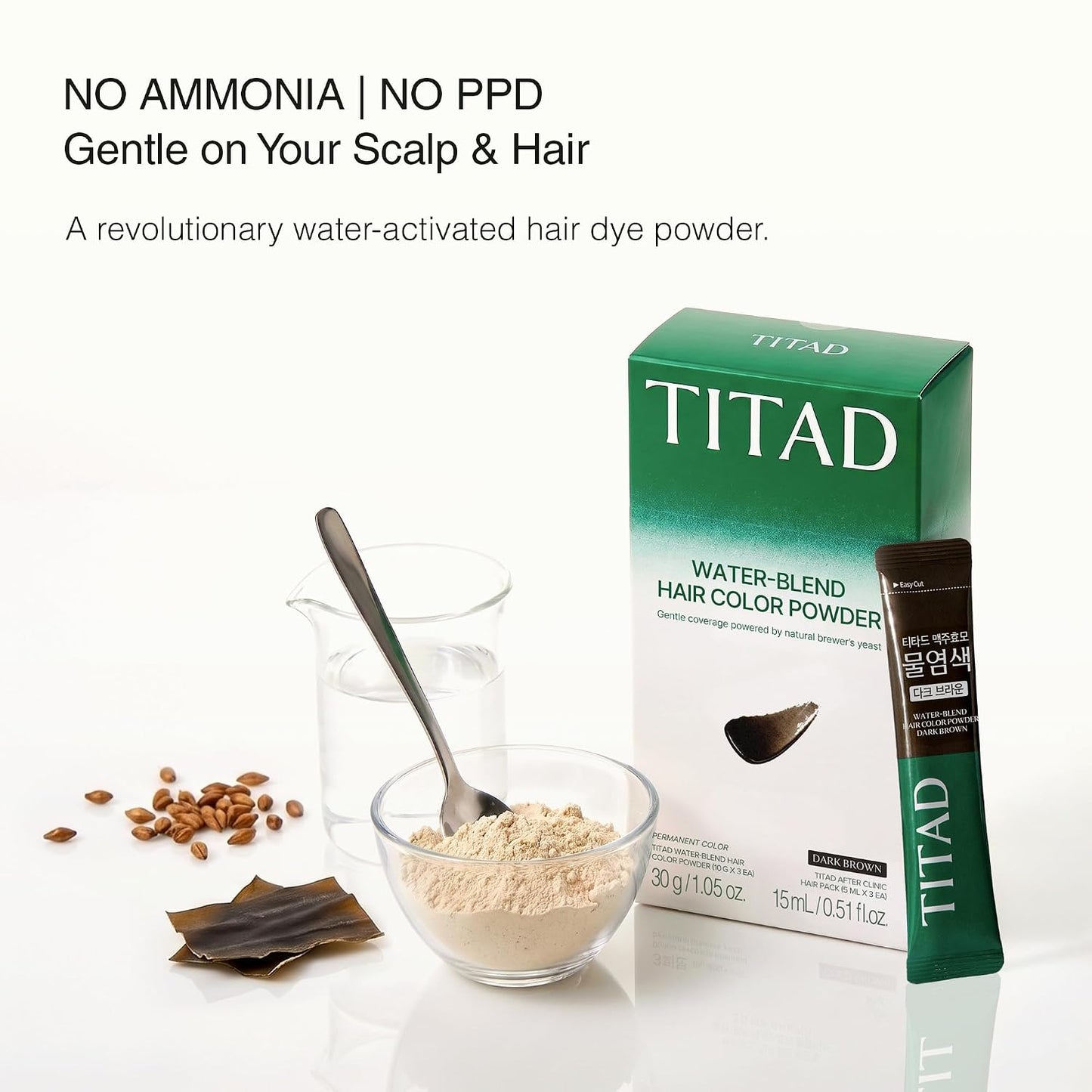 Natural Brown Korean Hair Dye - Ammonia-Free, PPD-Free Color Powder for 100% Gray Coverage | 3 Packets
