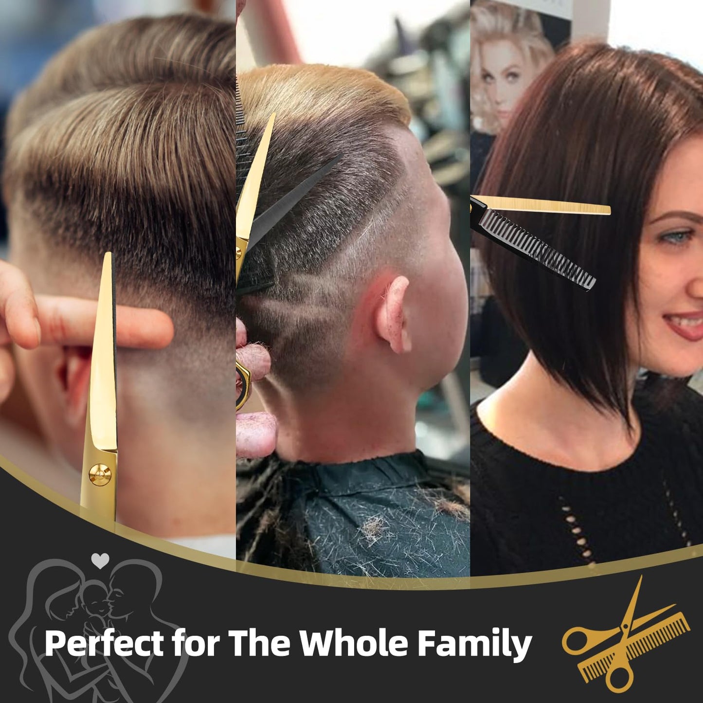 Ethyxe Hair Cutting Scissors Kit - 9 PCS Professional Haircut Scissors Set with Stainless Steel Straight and Thinning Shears for Home, Salon, and Barber Use (Black & Gold)