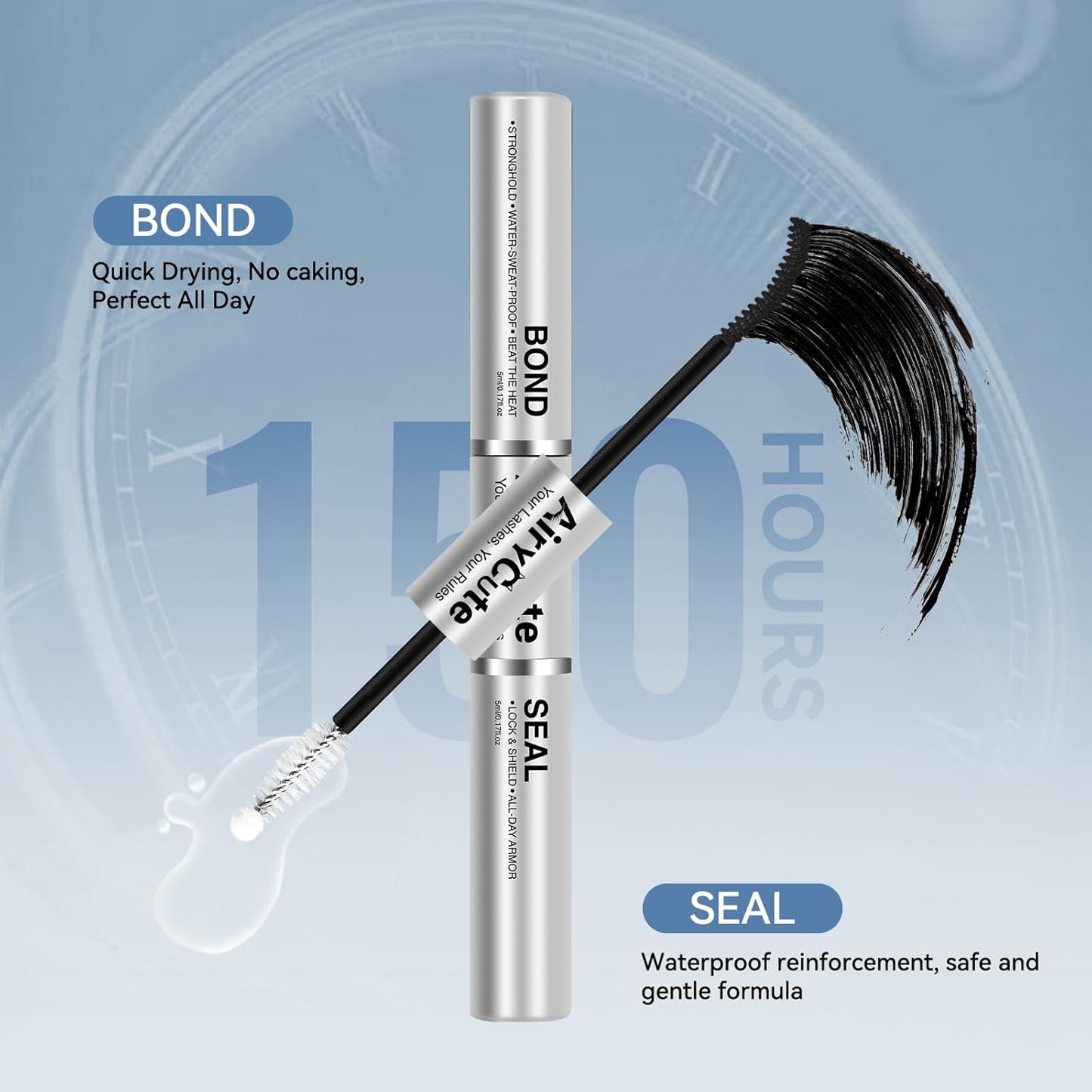 Eyelash Glue - 150H Long Lasting Waterproof Lash Bond & Seal | Strong Hold, Latex-Free, Non-Irritating (Black 5ml+5ml)