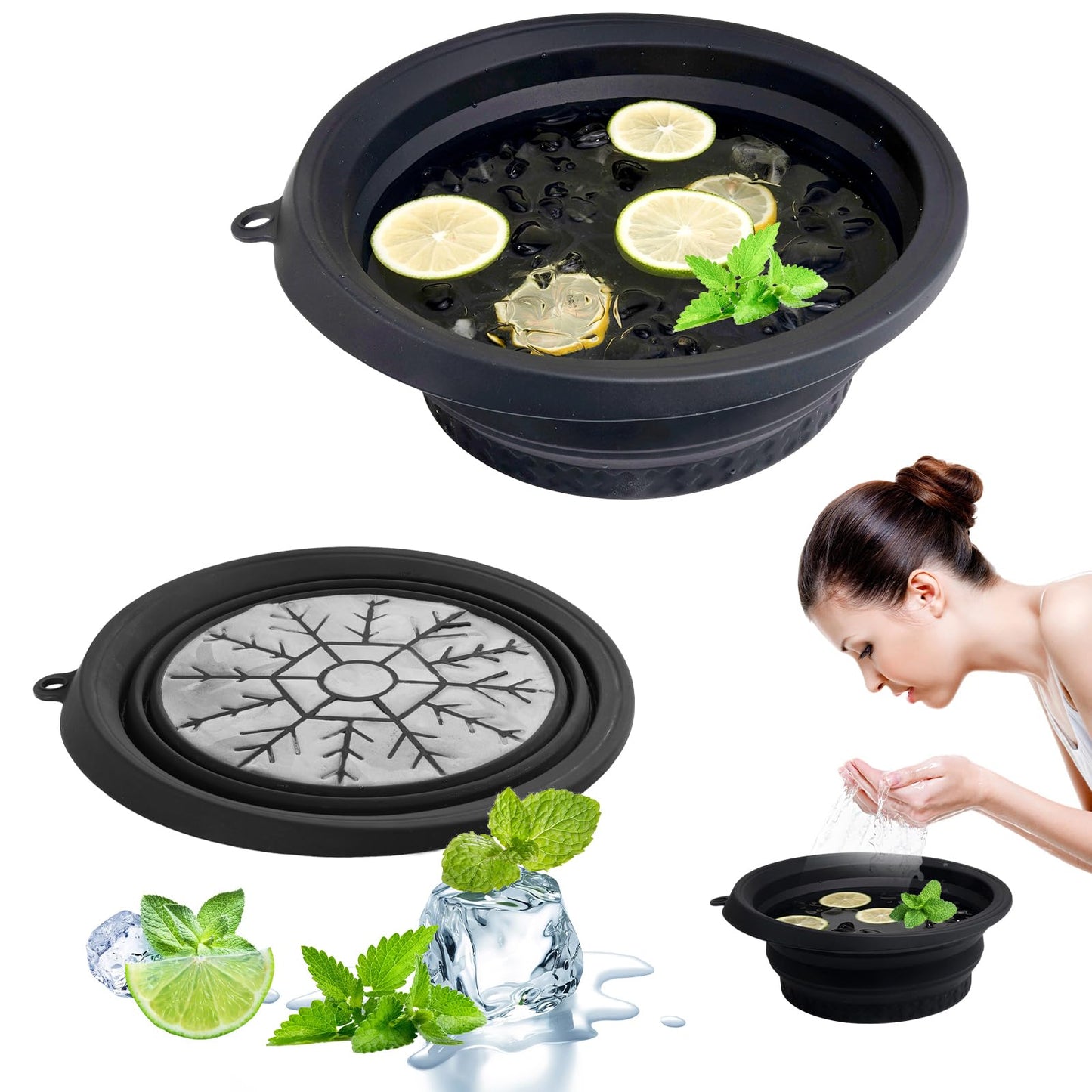 PETIMETI Ice Bowl for Face with Built-in Ice Tray, Foldable Silicone Face Bowl for Ice, Facial Ice Bath Bowl, Skin Tightening & Acne Relief, Portable Ice Face Bowl for Home Travel - Black