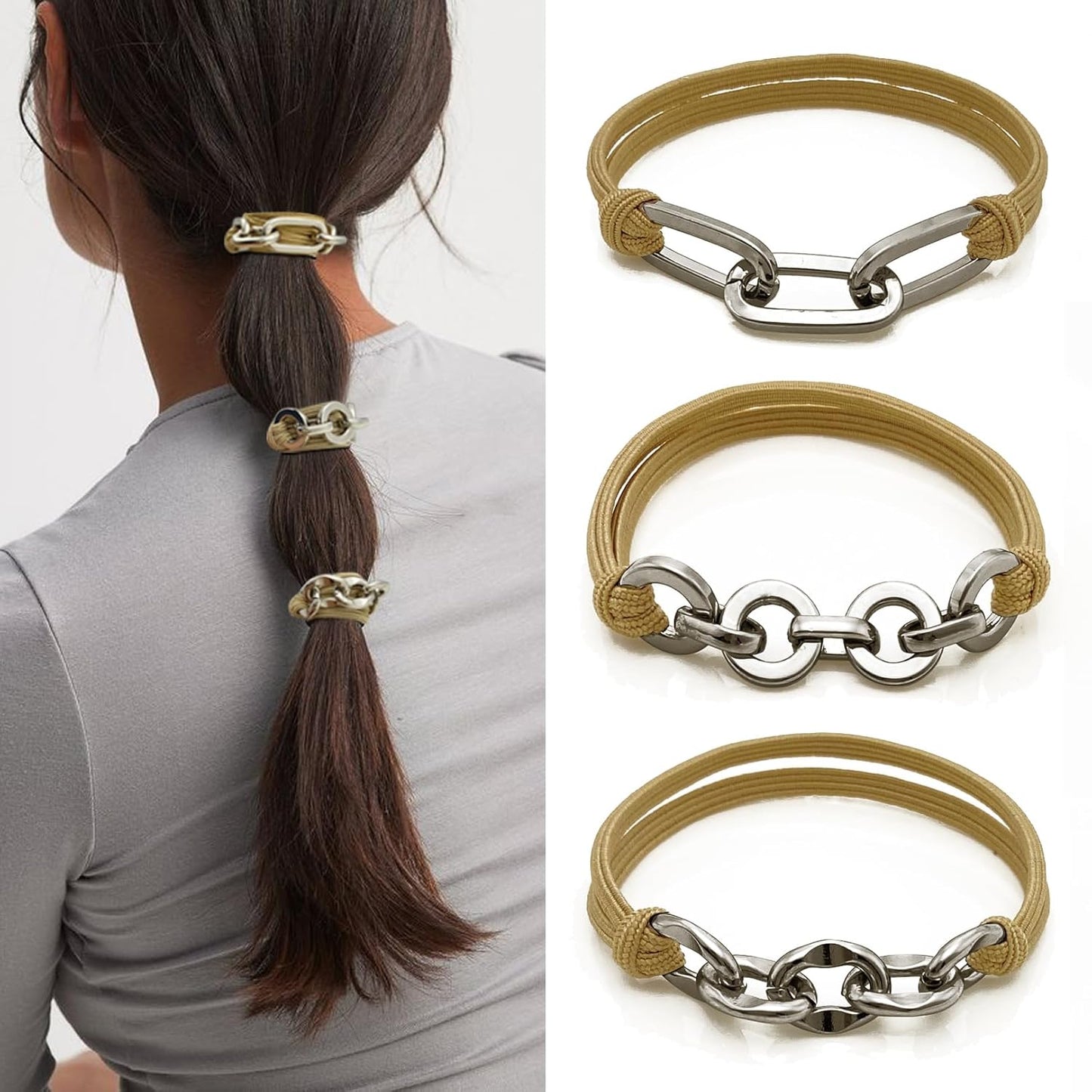 Blonde Boho Hair Ties Bracelet - Trendy Elastic Ponytail Holders with Gold Bead | Ideal for Thick, Thin, Curly Hair (Beige)