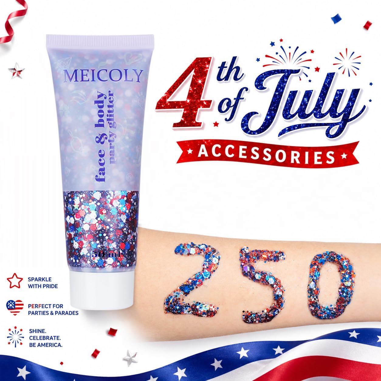 Red White and Blue Face Glitter - Patriotic Star Hair Glitter for Kids | 4th of July Accessories