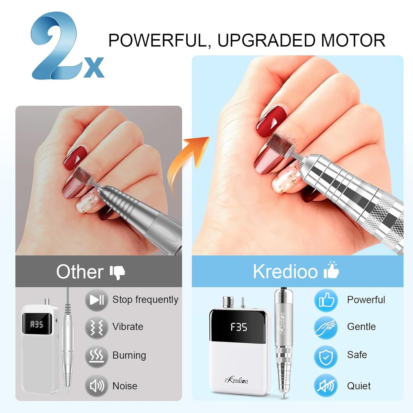 Kredioo Portable Nail Drill - 35000 RPM Rechargeable Electric Nail File Kit for Professional Manicure | White