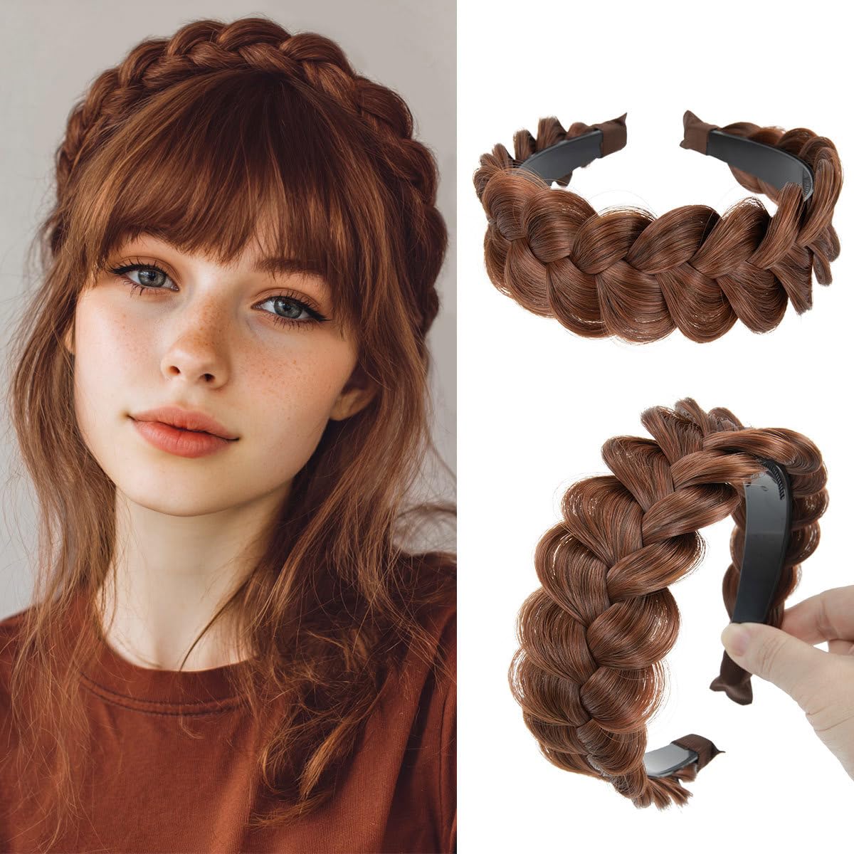 Braided Headbands for Women - Handmade Synthetic Hair Hoops with Teeth | Sand Color, 1PC