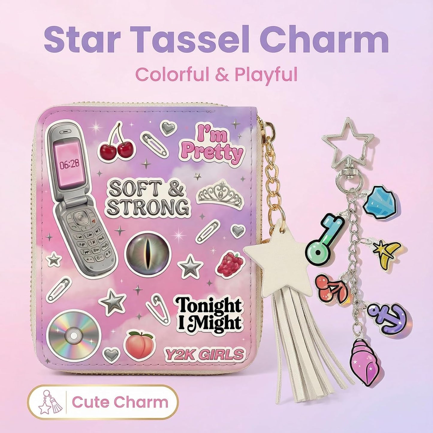 Y2K Aesthetic Wallet & Keychain Set - Cute Star Tassel Coin Purse with Acrylic Charms | Nostalgic 2000s Style Accessories