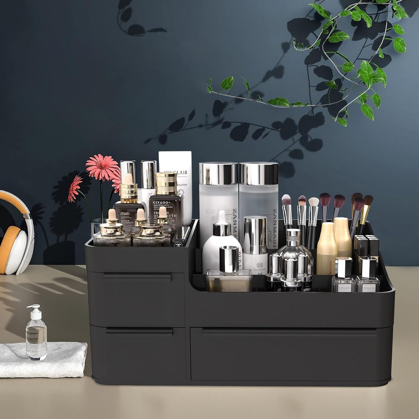 Makeup Organizer with Drawers - Vanity & Bathroom Countertop Storage for Brushes, Lotions, & Cosmetics Display | Stylish Design