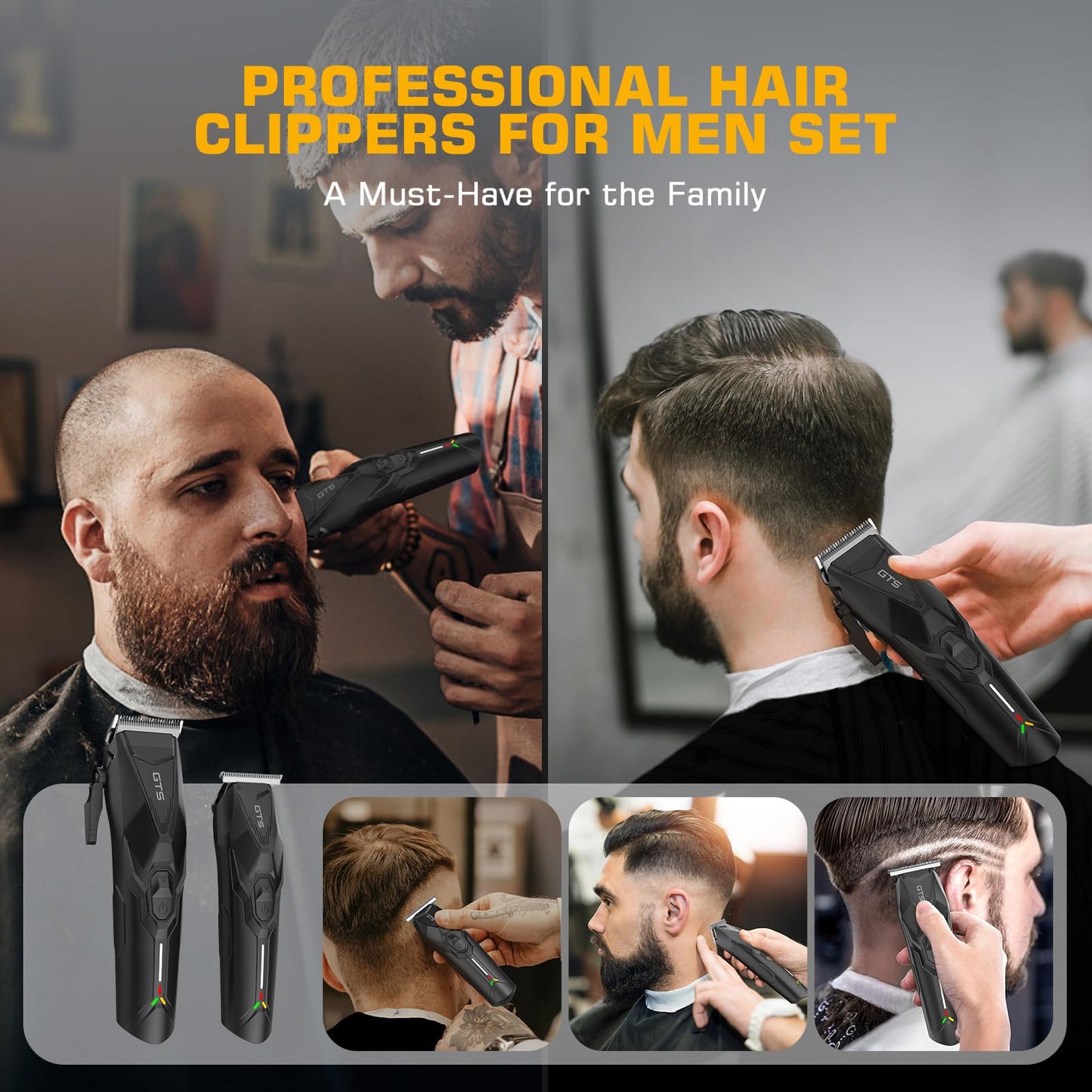 Professional Hair Clippers for Men, Professional Barber Clippers and Trimmer Set, Mens Cordless Hair Clipper for Barbers Haircut Kit Fade Black