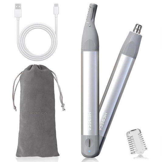 HEBECA Nose Hair Trimmer for Men Women 2in1 Facial Hair Removal Trimmer - Metal Body, Rechargeable, Waterproof, Portable - Nose, Ear, Eyebrow, Peach-Fuzz, Lips, Chin (Silver)