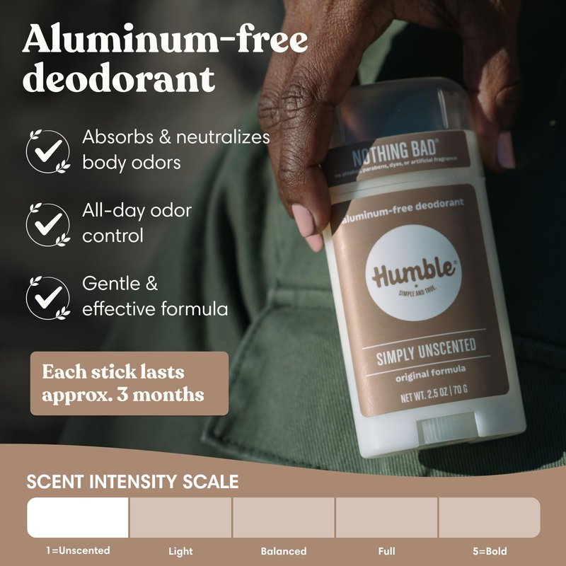Humble Aluminum-Free Deodorant for Women & Men, Simply Unscented - Clean & Fresh Natural Deodorant Stick with Essential Oils for Long-Lasting Odor Control - 3 Pack