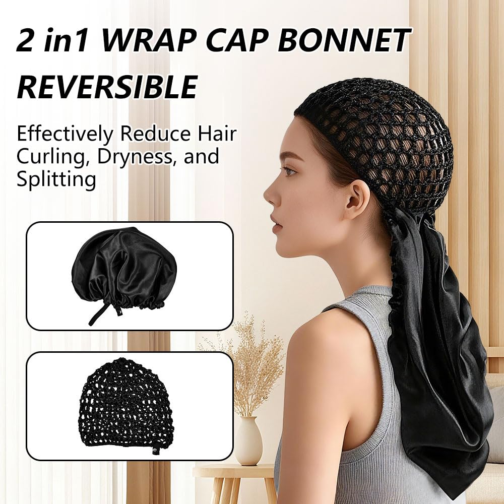 Wrap Cap Hair Net, 2 in 1 Silk Press Bonnet for Women, Adjustable Satin Doobie Wrap for Long Curly Hair Black
