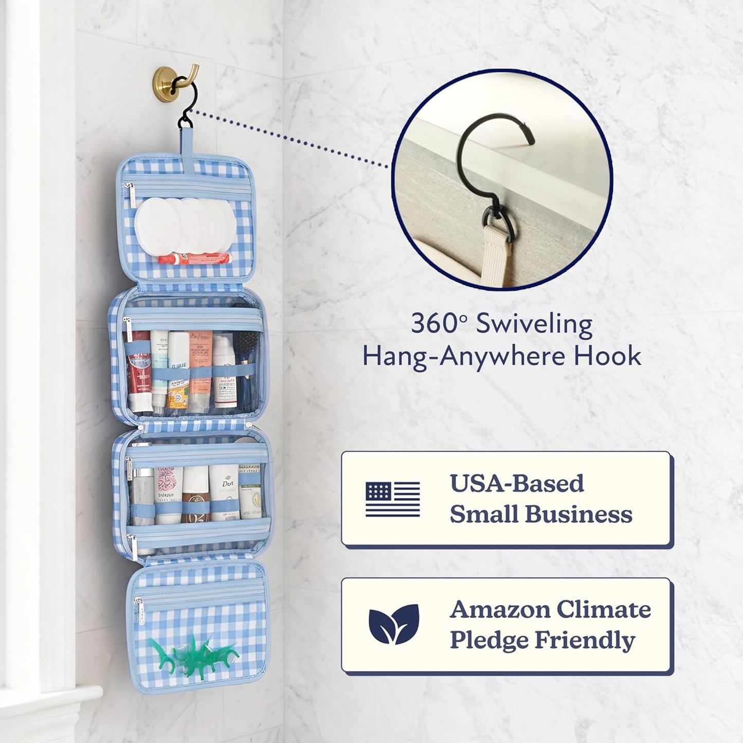 Waterproof Hanging Toiletry Bag - TSA-Approved Makeup Organizer | Blue Gingham Travel Cosmetic Case