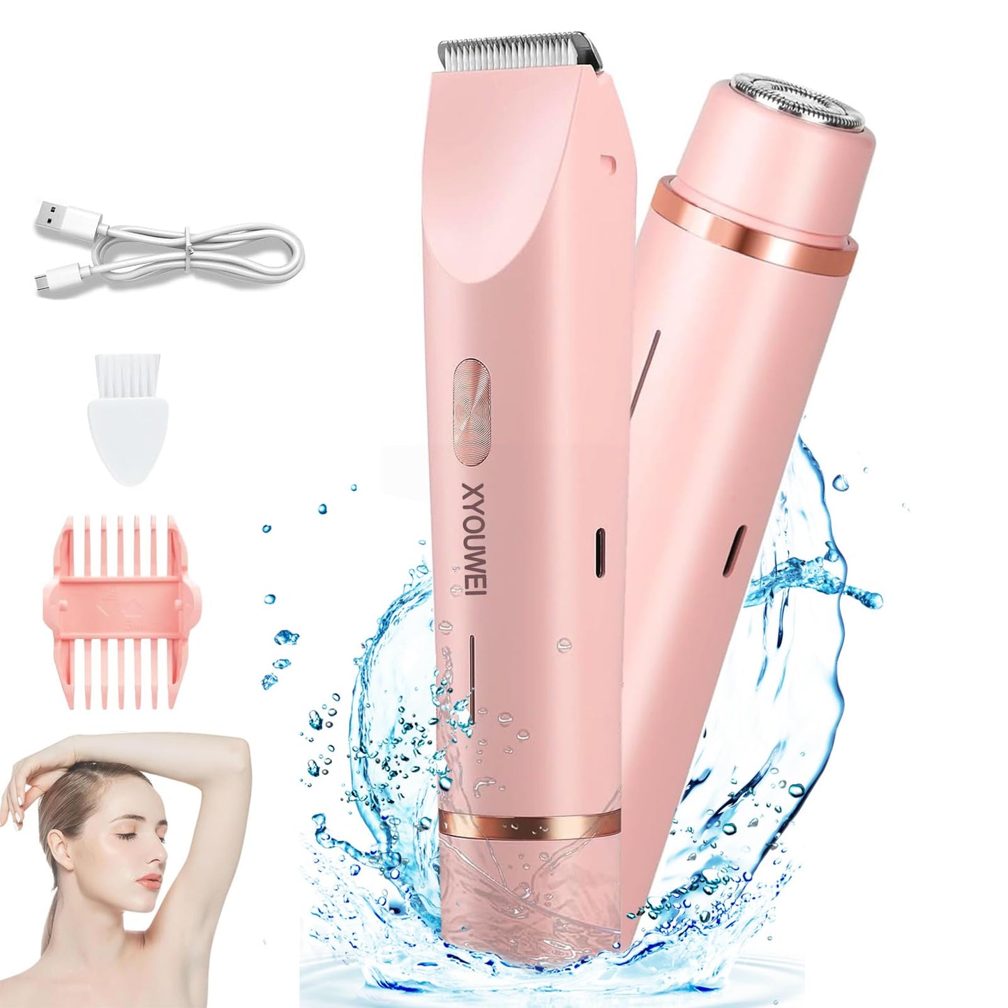 XYOUWEI Electric Shaver for Women, 2 in 1 Bikini Trimmer, USB Rechargeable Electric Razors Body Hair Trimmer for Face Leg Bikini Underarm Arm