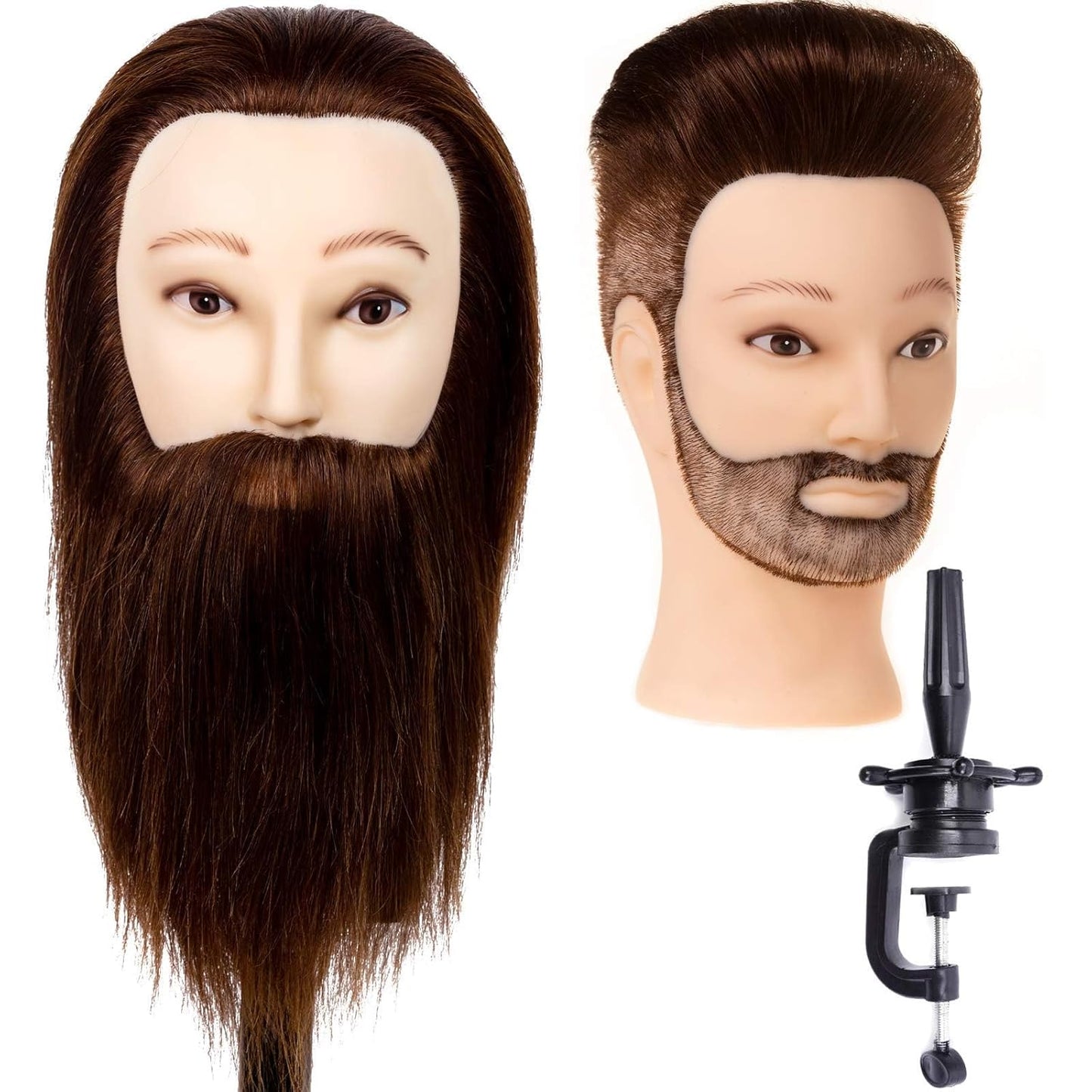 Male Mannequin Head - 14” Barber Training Head with 100% Human Hair | Dark Brown Hairdresser Manikin for Styling Practice