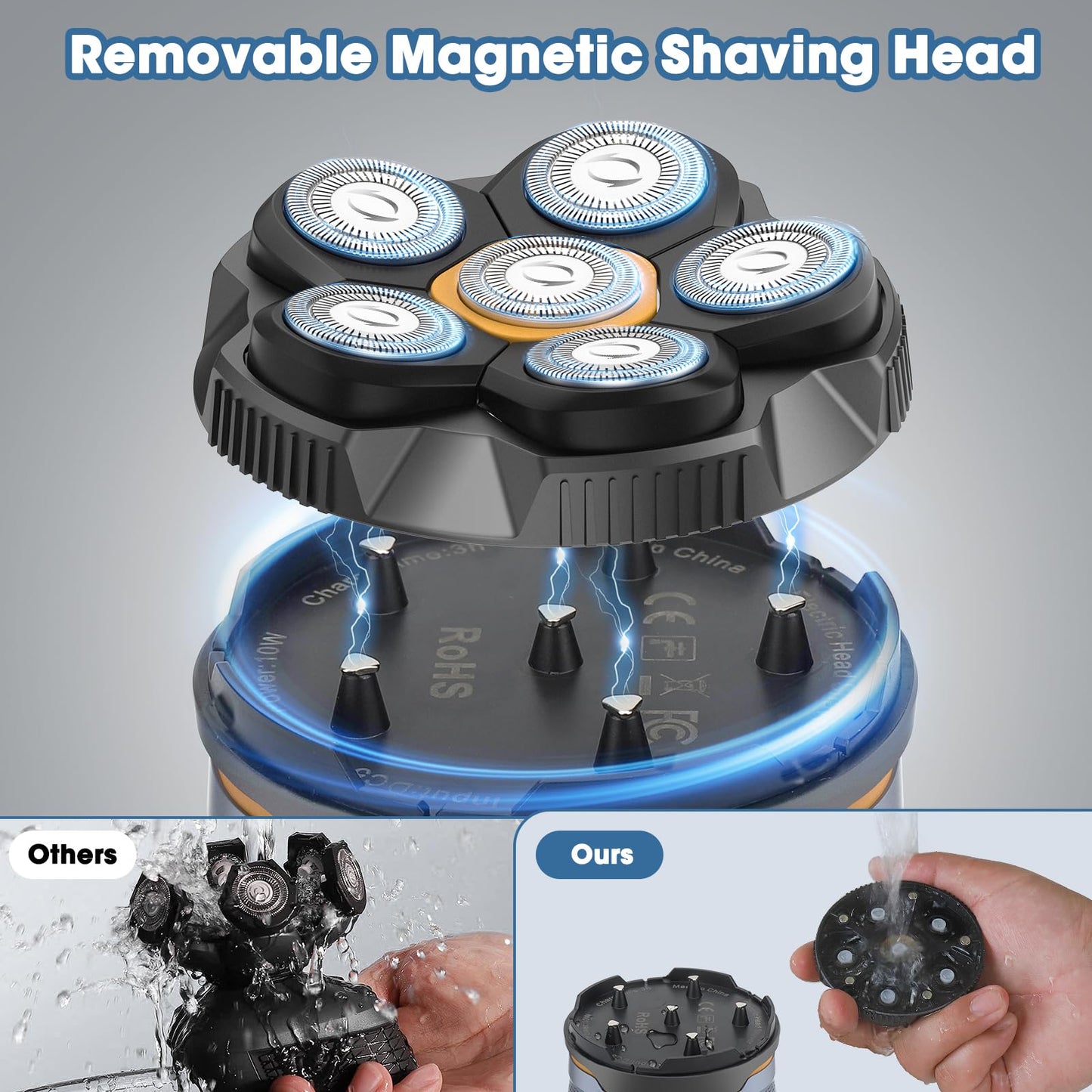 6D Electric Head Shaver for Men, Magnetic Wet & Dry Razor Electric Razor Hair Trimmer, IPX6 Waterproof, LED Display, Rechargeable Cordless Grooming Kit