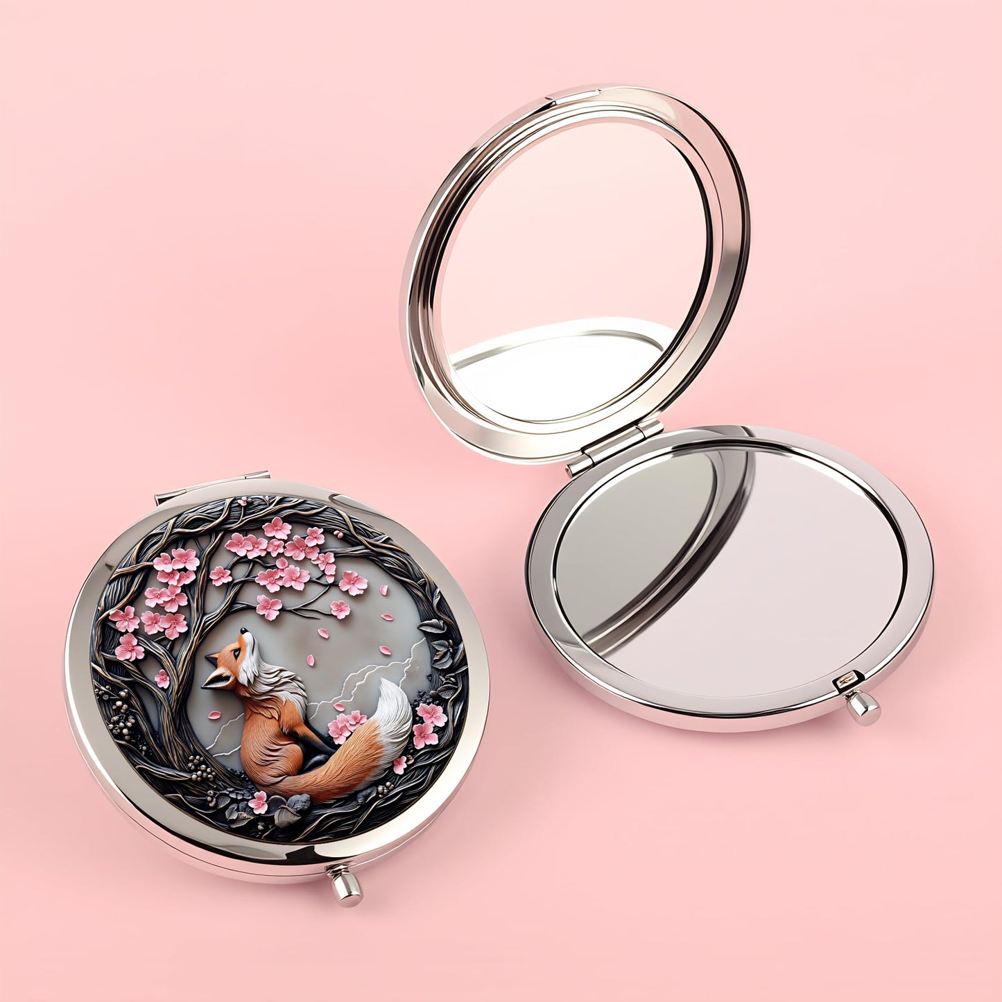 Silver Compact Mirror, 2.8x2.8inch Double-Sided Folding Makeup Mirror with Cherry Blossom Red Fox Design, Ideal Gift for Women