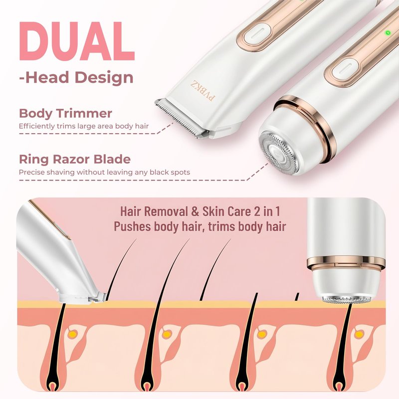 Bikini Trimmer for Women, 2-in-1 Painless Electric Razor for Body and Pubic Hair, IPX7 Waterproof Shaver with Dual Heads - Rechargeable Lady Trimmer for Bikini, Underarm, and Leg (White)