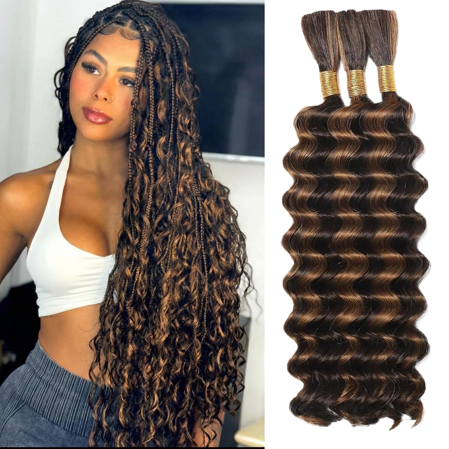 22 Inch Human Braiding Hair - Boho Deep Wave Bulk Brazilian Virgin Hair | 3 Bundles, 110g, Natural Color