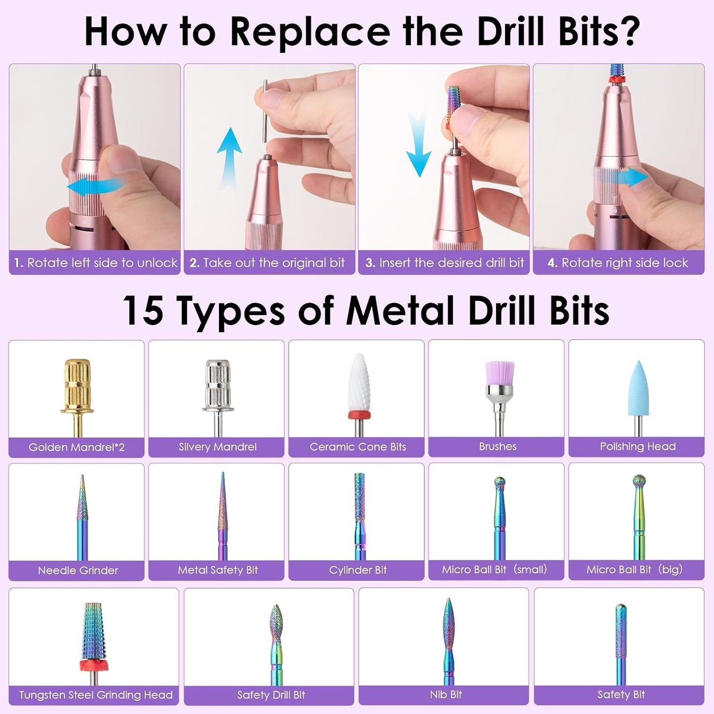 Electric Nail Drill - 40000RPM Professional E-Filer with 15 Bits | Portable Acrylic Gel Nail File (Purple)