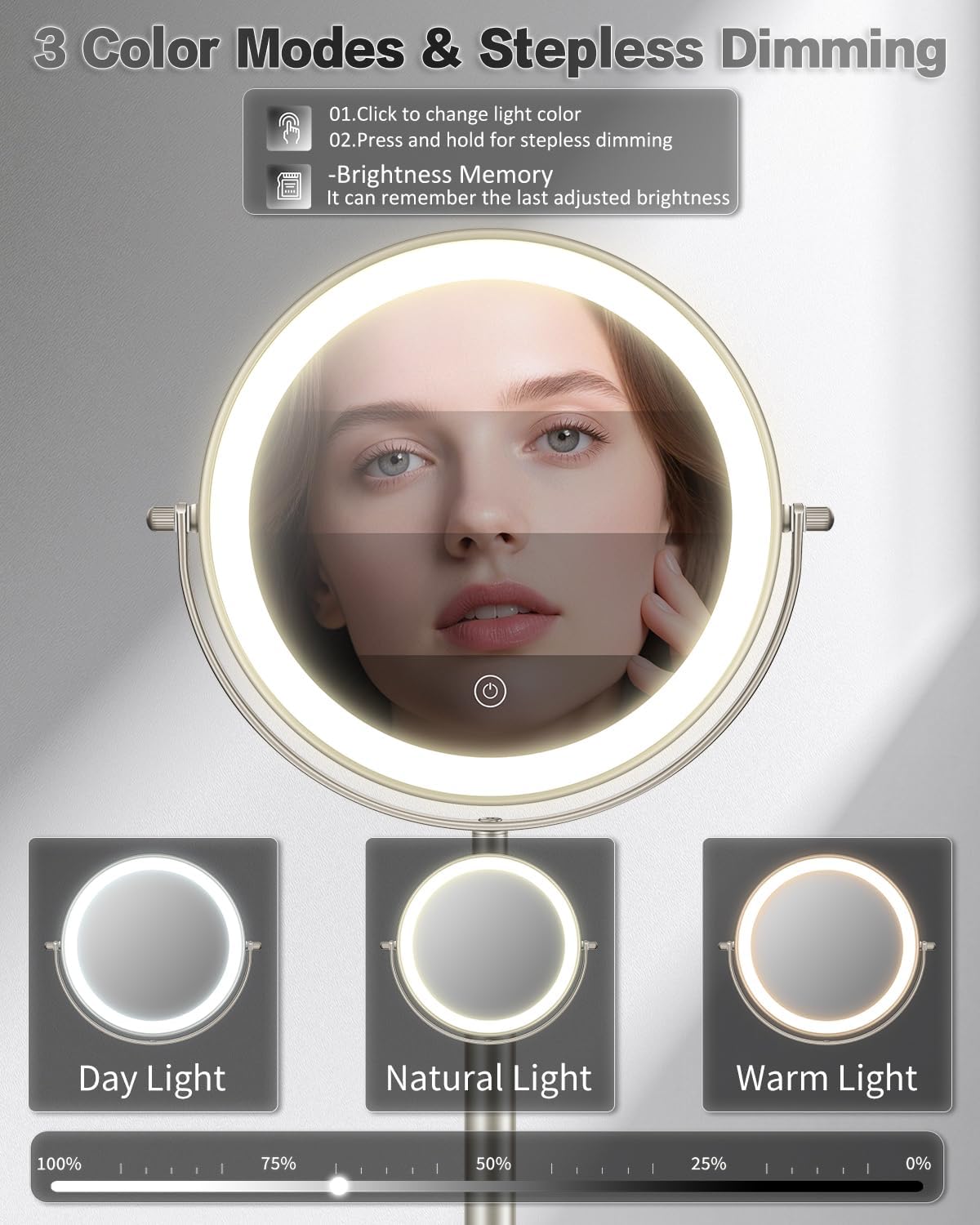 30X/1X Makeup Mirror with Lights - Adjustable Height, 3 Lighting Modes & Rechargeable | Perfect Gift for Women