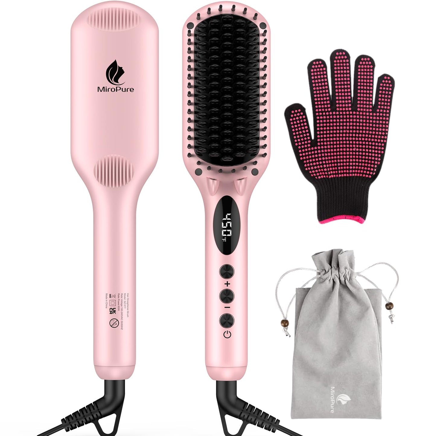 MiroPure Enhanced Ceramic Hair Straightener Brush - 2-in-1 Ionic Styling Tool with Anti-Scald & Auto-Off Features | Black