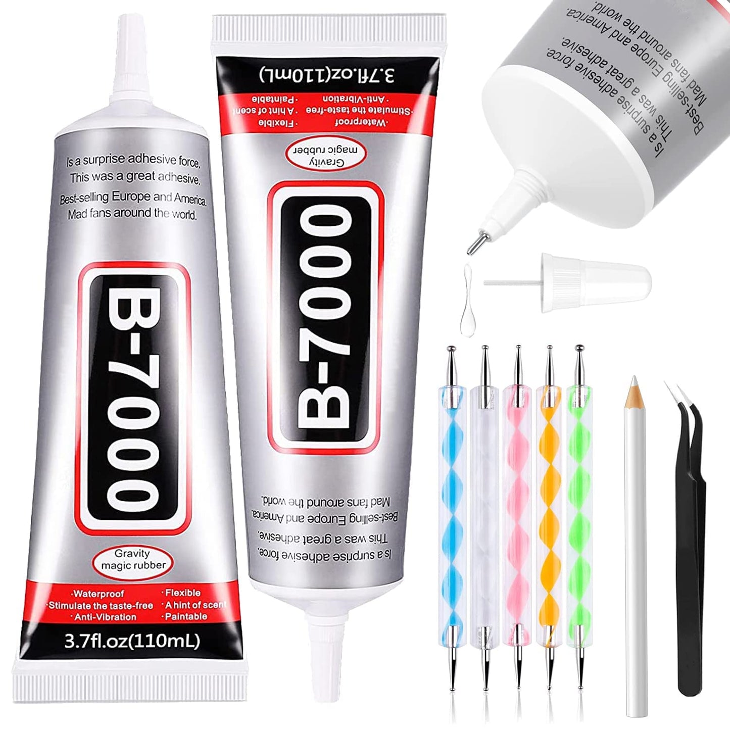 B7000 Adhesive Rhinestone Glue - 2PCS 110ml for Jewelry, Crafts & Nail Art | Includes Dotting Pens & Tweezers