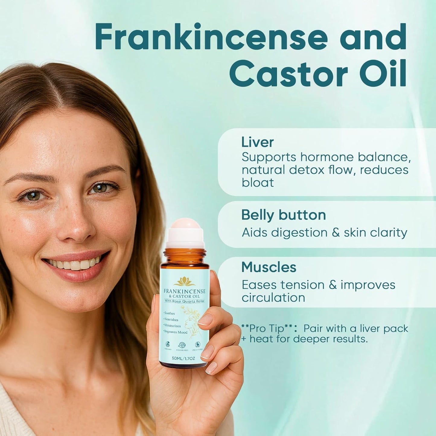 Organic Frankincense & Castor Oil Roller Ball - 100% Pure Cold-Pressed | Firms Skin & Reduces Fine Lines - 50ML/1.7OZ