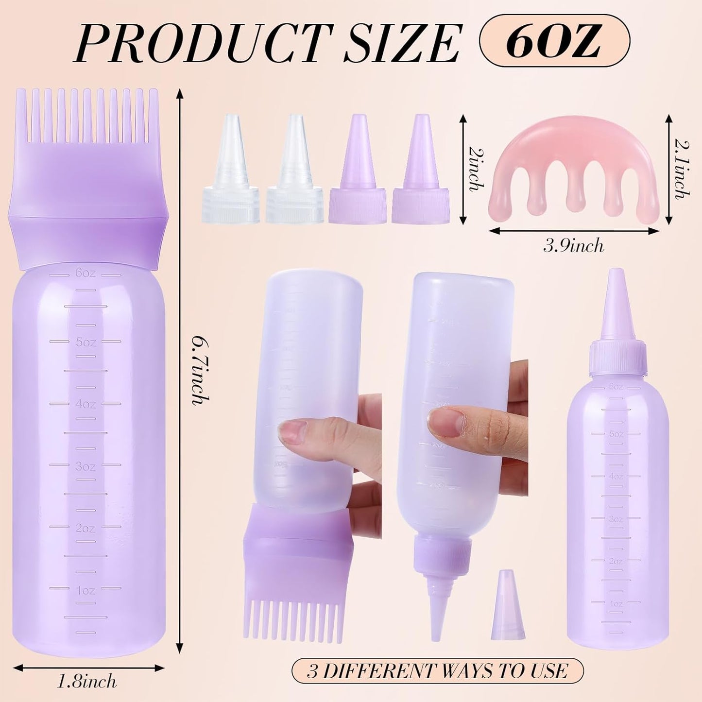 Hair Oil Applicator Bottle - Scalp & Root Comb Squeeze Bottle | 2 Pack (Purple, White) with 4 Pointed Mouth Cover & Massage Comb