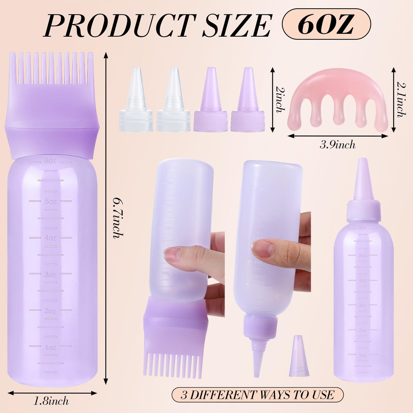 Pimoys Hair Oil Applicator Bottle for Scalp, Root Comb Applicator Bottles Hair Dye Squeeze Bottle Coloring Tools，2 Pack (Purple, White) with 4 Pointed Mouth Cover and Massage Comb