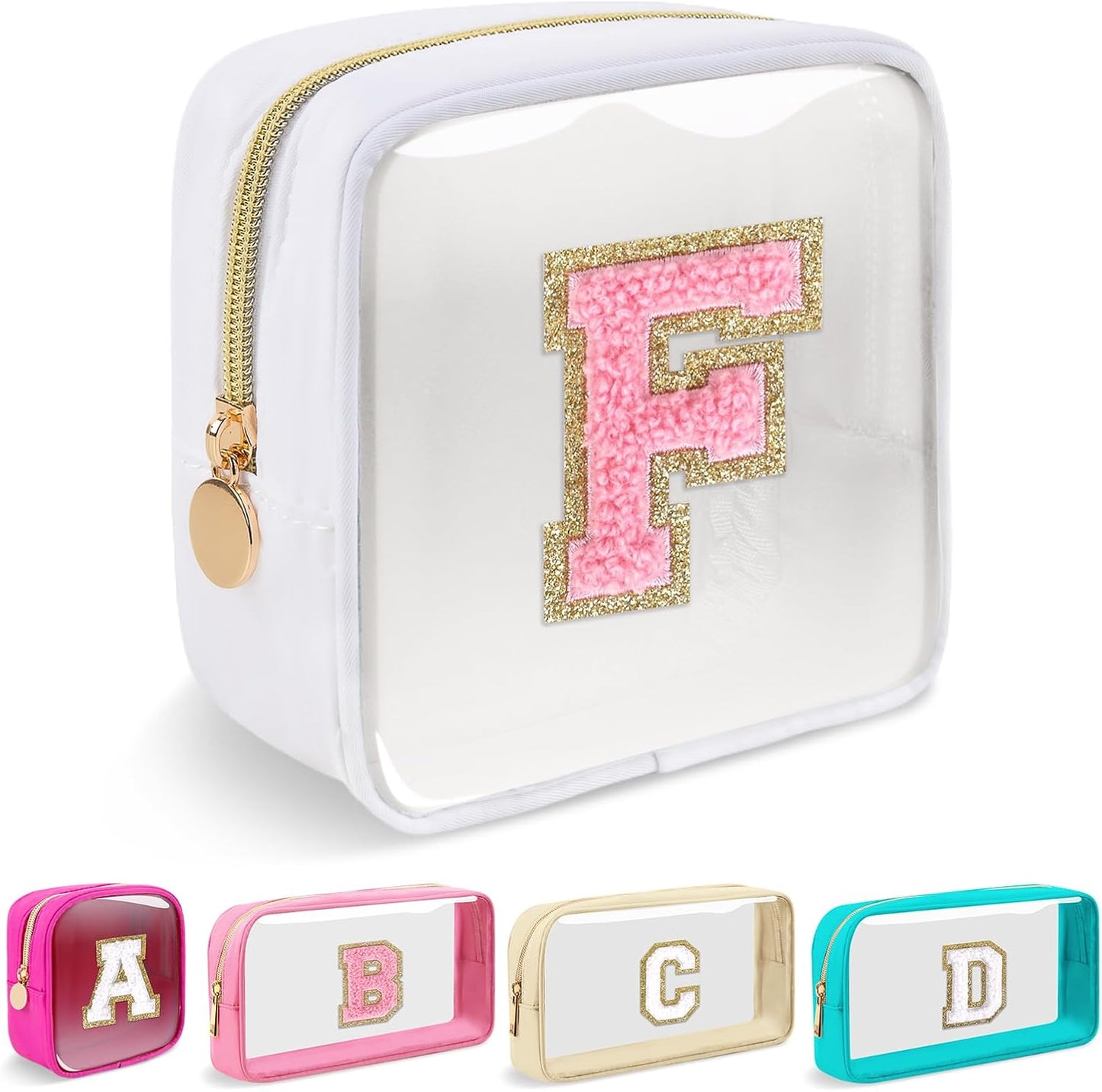 Personalized Initial Makeup Bag - Waterproof Nylon Cosmetic Pouch | A-Z Chenille Letter Patch, White-Pink G