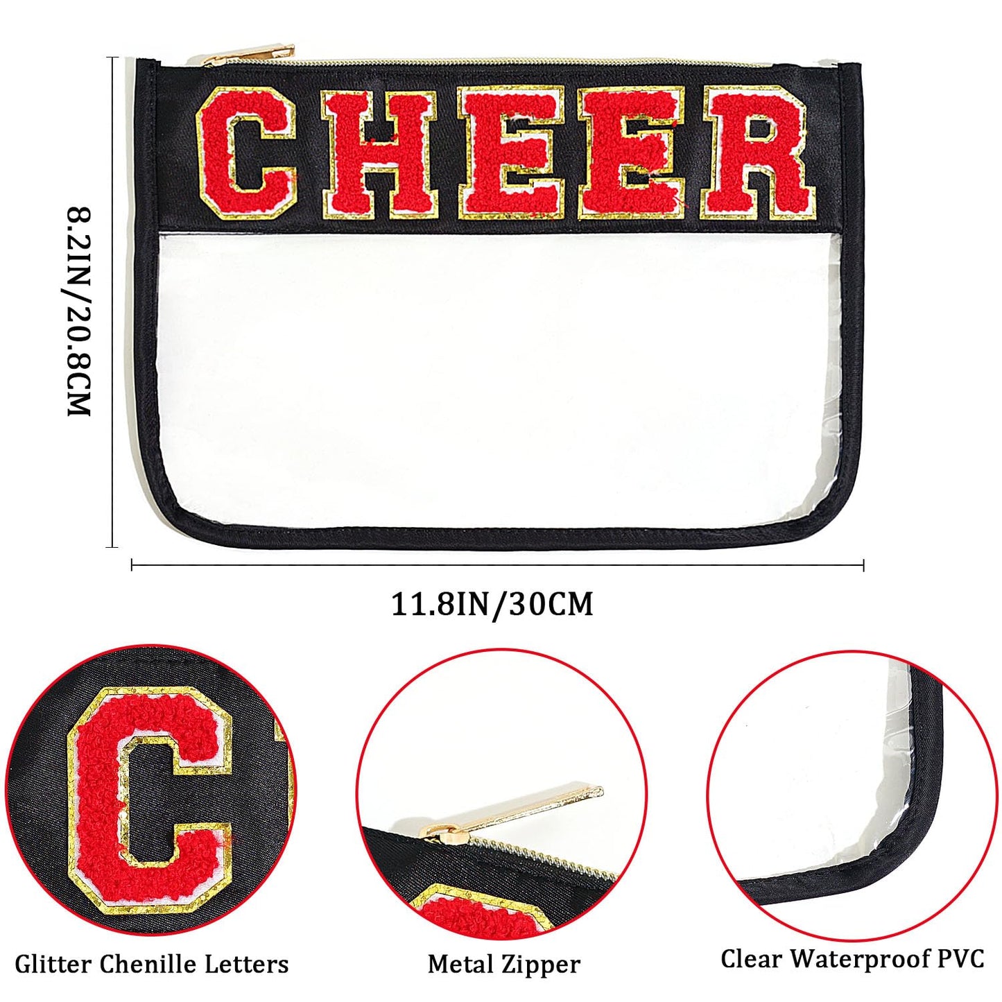Jeffan 1 Pieces Black Cheer Gifts Chenille Letter Cheer Bags Patch Makeup Bag Flat Clear Pouch Cheerleading Gifts for Girls Cheer Teams