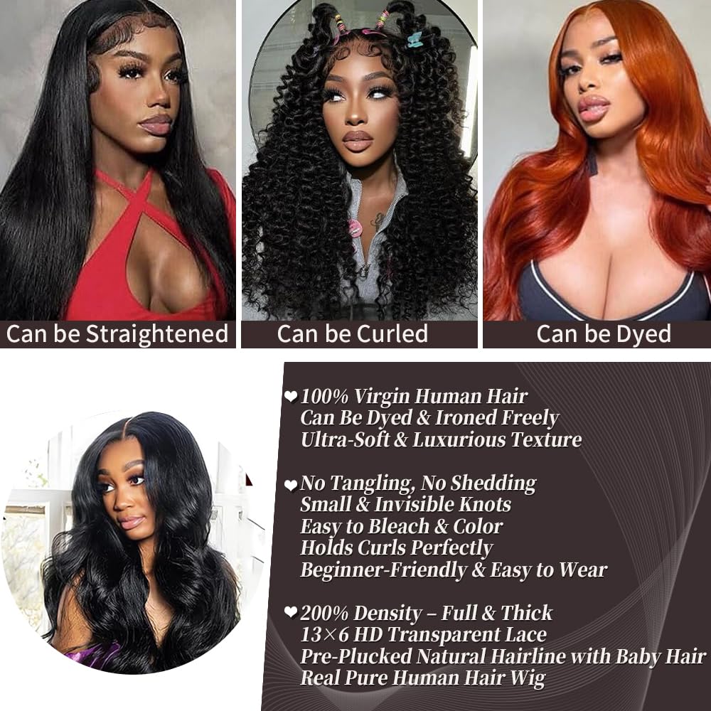Juicqui 30 inch 13x6 Body Wave Lace Front Wigs Human Hair 200% Density Pre-Plucked Hairline HD Transparent Lace No Tangle No Shedding Suit for Daily Party Wedding Birthday Triple Lifespan 3X