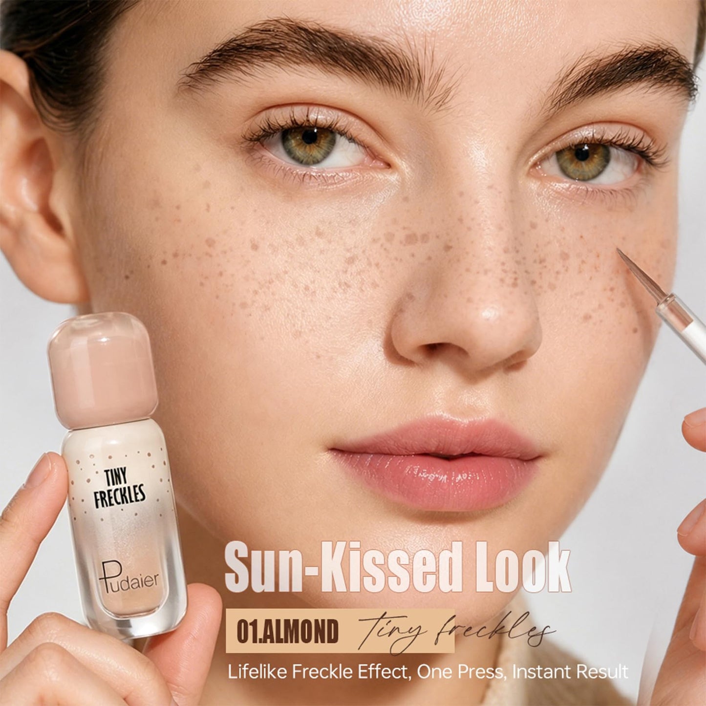 Pudaier Freckle Pen - Waterproof Faux Freckle Stamp Pen With a Silicone Puff, Liquid Freckle Natural-Looking Freckle Makeup, Long-Lasting Magic Fake Freckles Marker for Sunkissed Makeup, 01 Almond