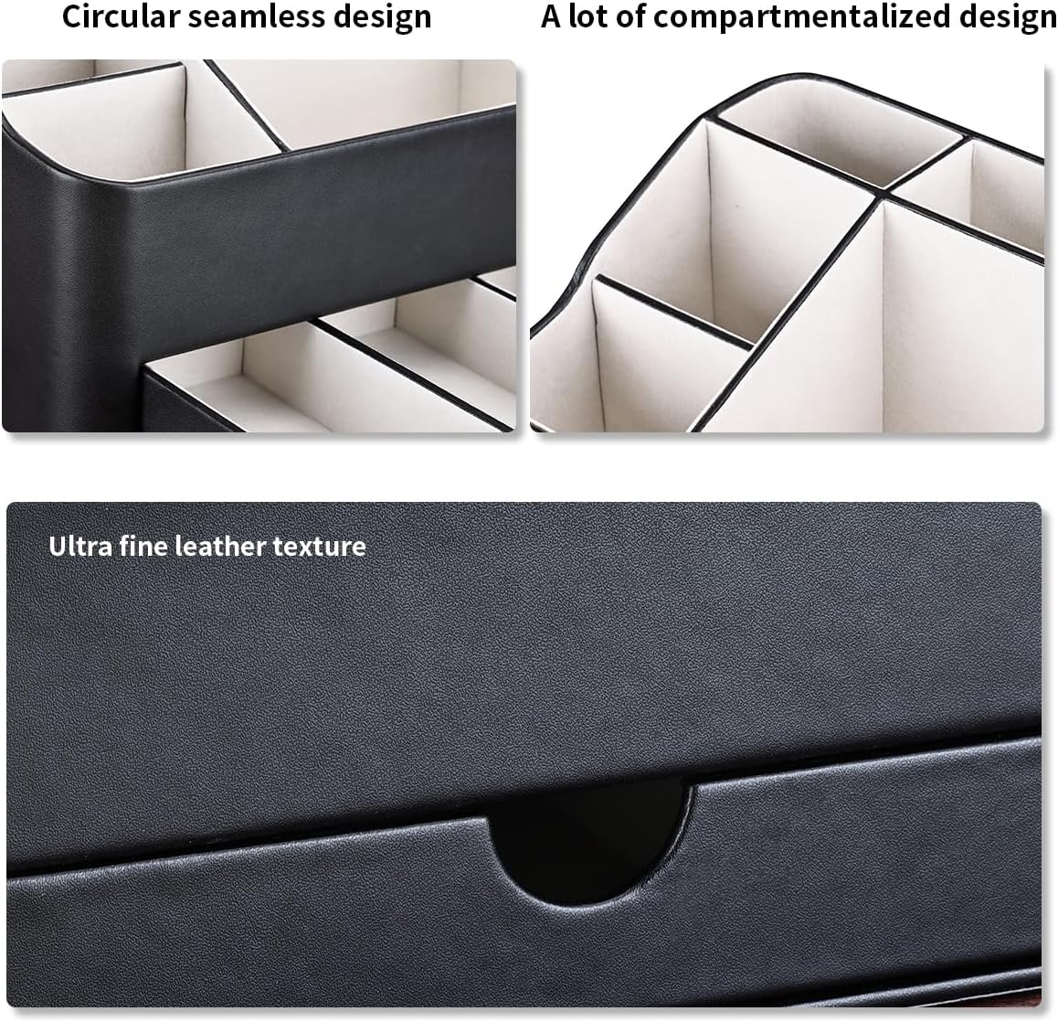 Leather Makeup Organizer - Stylish Cosmetic Storage with Drawer | Dresser & Vanity Organizer for Lipstick, Brushes & Skincare (Black)