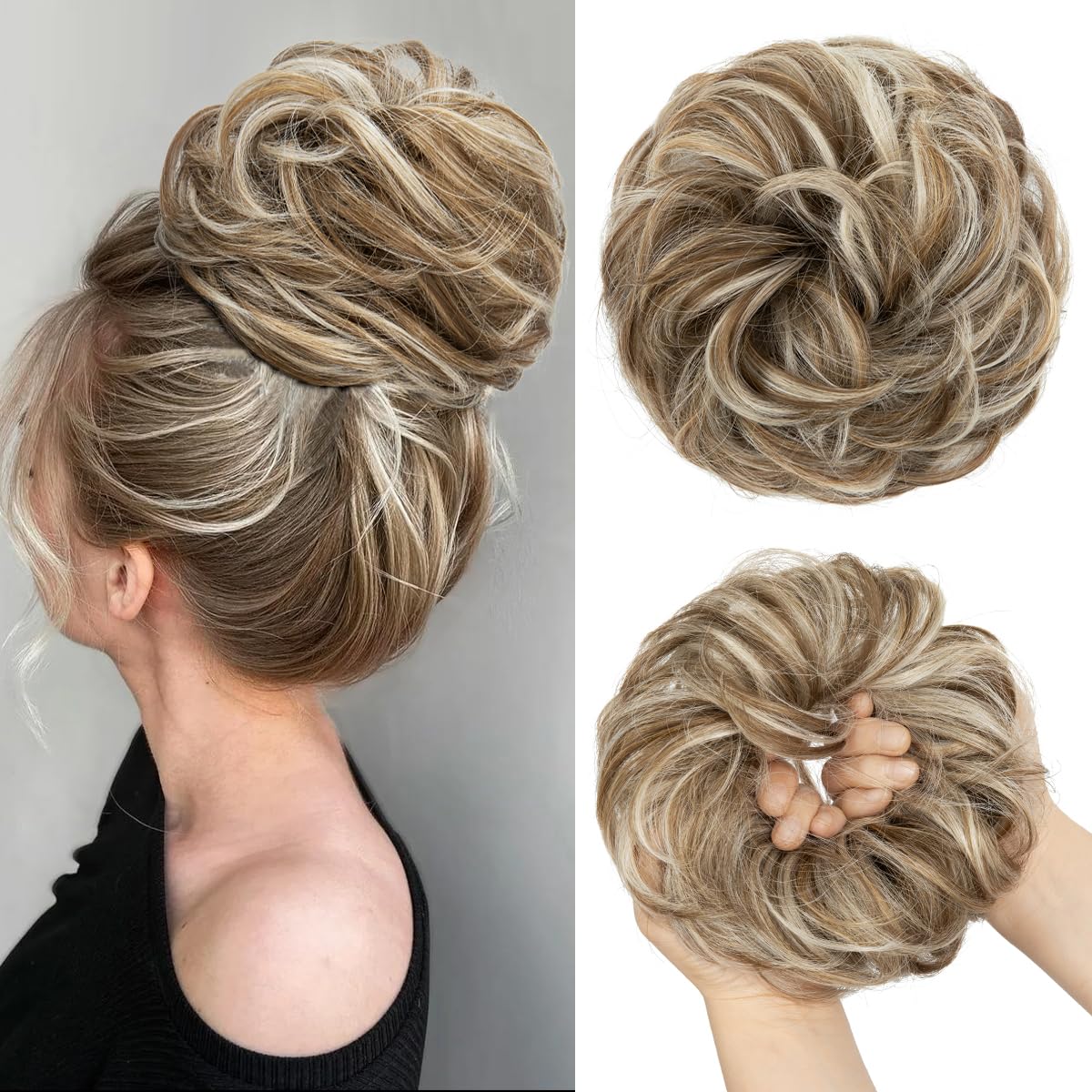 Large Messy Bun Hair Piece - Wavy Curly Synthetic Ponytail Extensions | Thick Updo in Pecan Blonde