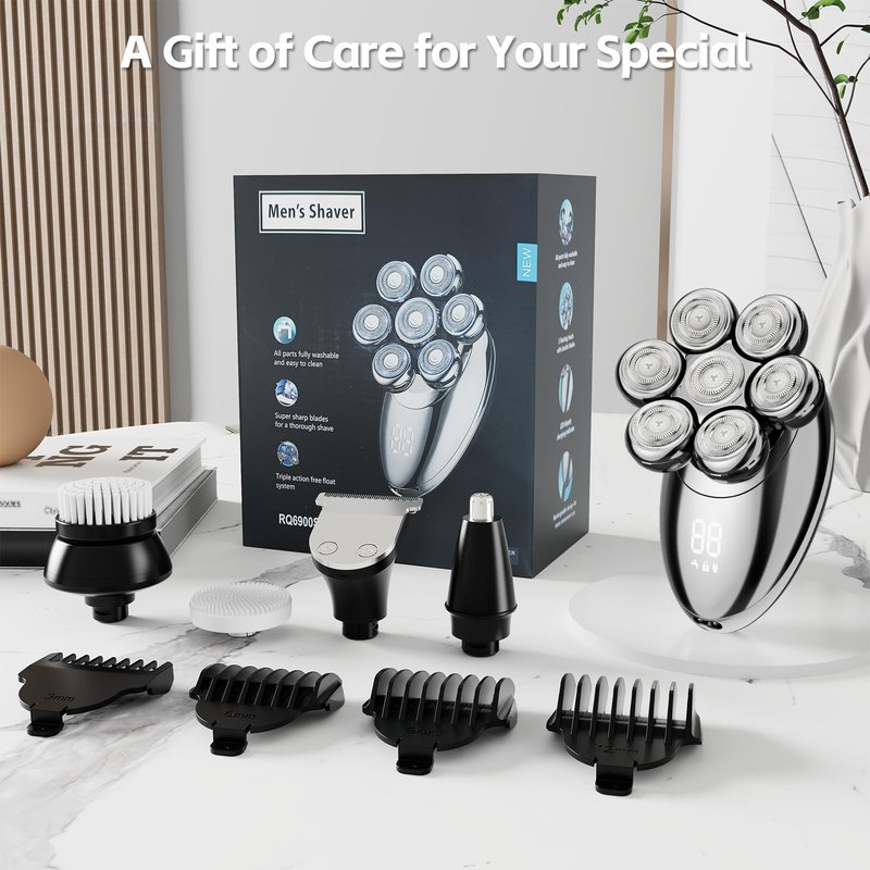 Head Shaver for Bald Men, 7D Electric Rechargeable Wet/Dry Shaving Razor with LED Display, 5-in-1 Grooming Kit Waterproof Bald Head Trimmer, Ideal Gift for Men (Silver)