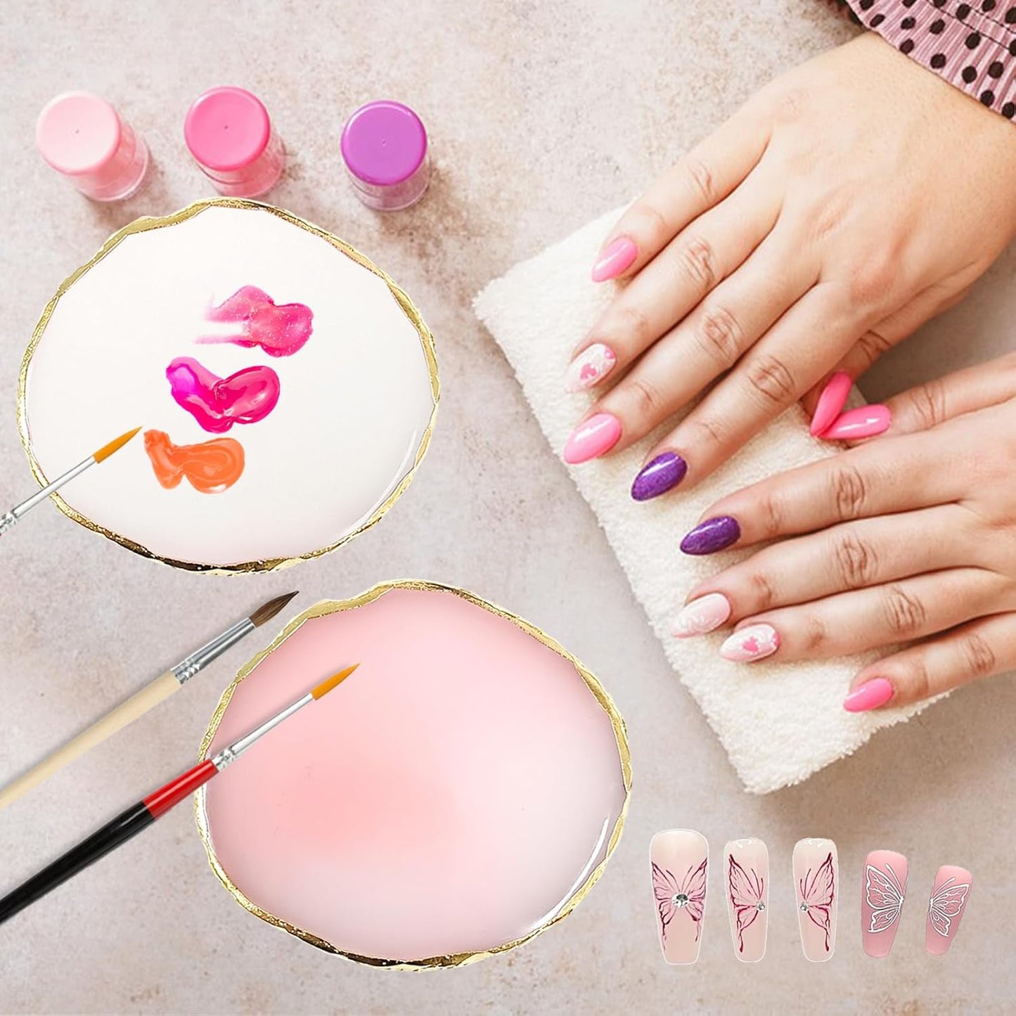 Nail Art Palette Set - 2Pcs Resin Nail Polish Holder with Gold Edge | White & Pink Display Board for Cosmetic Mixing