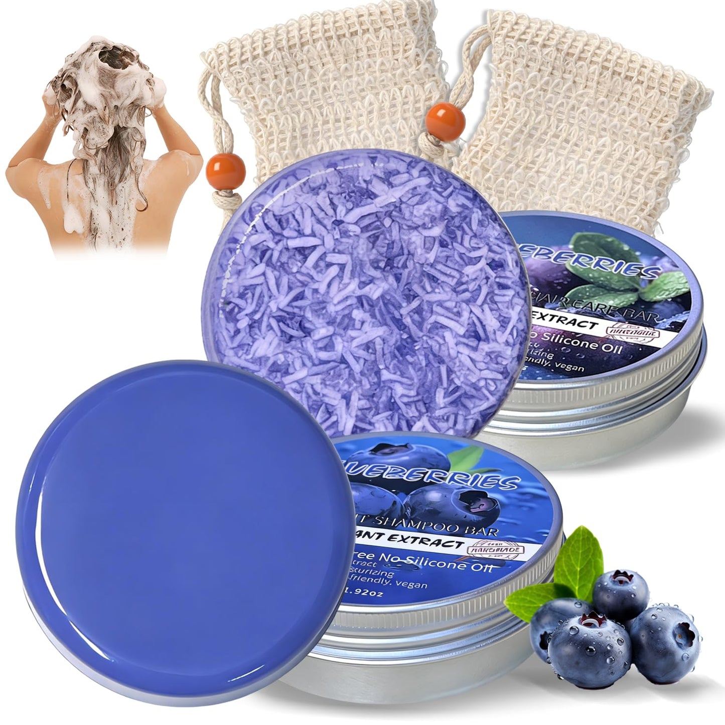 Jaxbo Upgraded 2PCS Blueberry Shampoo Bars and Conditioner Set, Natural Blueberry Shampoo Bar with 2 Bar Soap Pouchs, Hair Growth Soap Bar, for Thinning or Dry Frizzy Hair, All Hair Types Men & Women