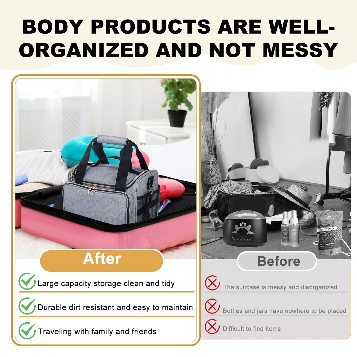 POCDUORG Waxing Kit Carry Bag Compatible with Tress Wellness - Portable Organizer for Wax Warmer, Wax Beans, Pre & After Wax Sprays, and Accessories - Only Bag (Light Gray)