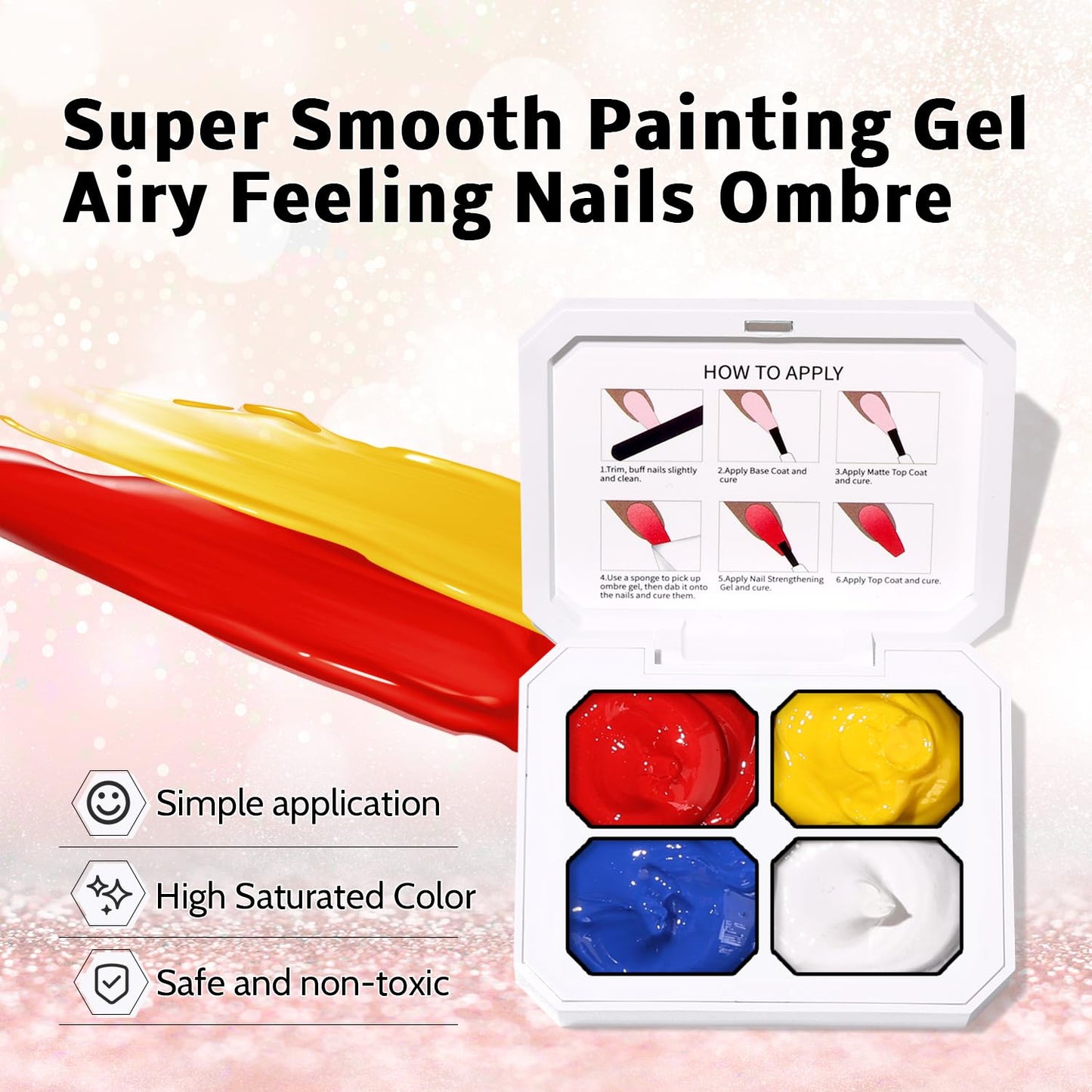 Karroy Sponge Pat Gel Nail Polish Palette, Blue Red Yellow White 4 Colors Primary Blending Ombre Gel Polish Gradient Painting Nails Art, No Wipe, UV/LED Cured (4 Colors A)
