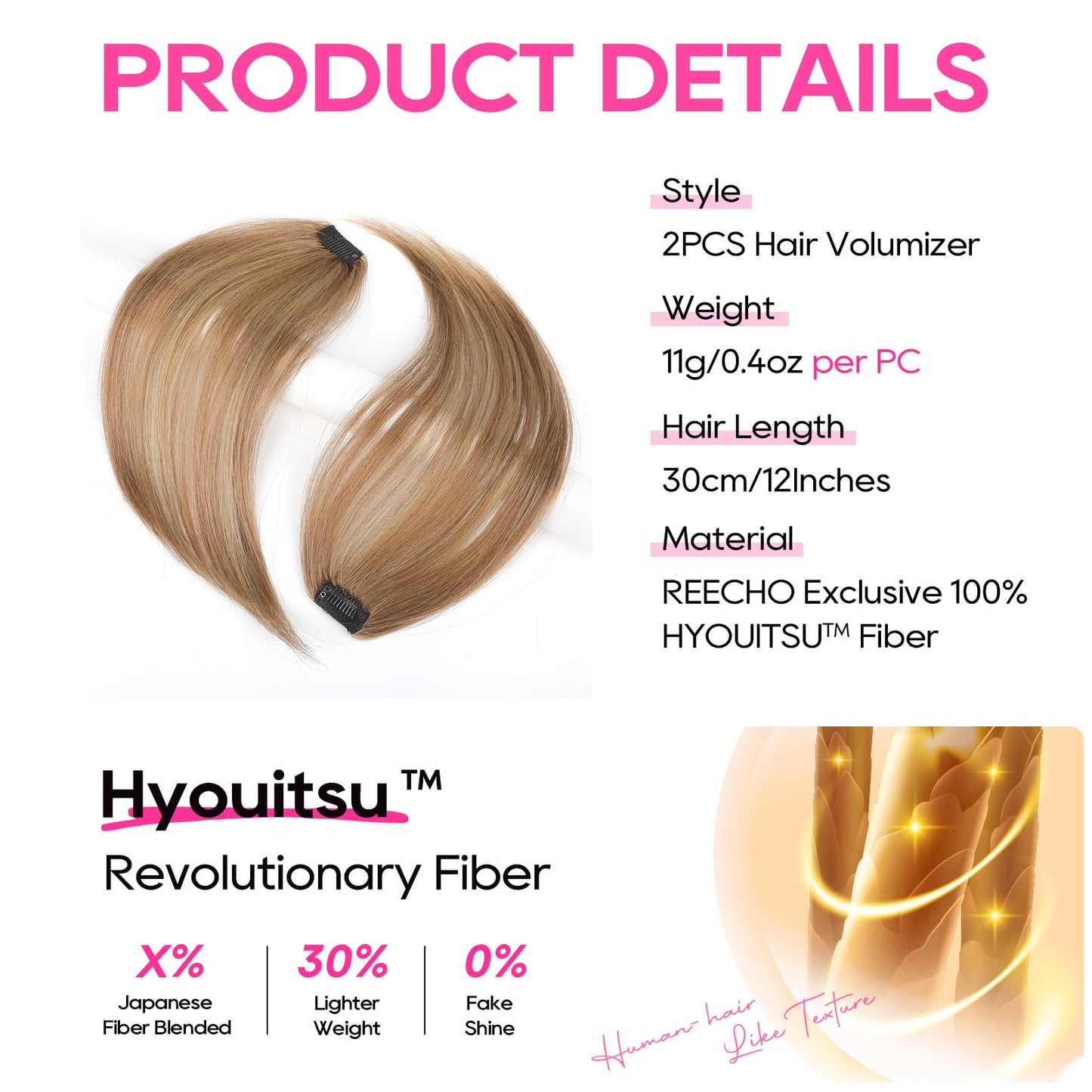 REECHO Clip in Hair Volumizer, 2PCS 12 inch Short Thick Clip in Hairpieces Adding Extra Volume Hair Extensions for Women (Golden Brown with Highlights)