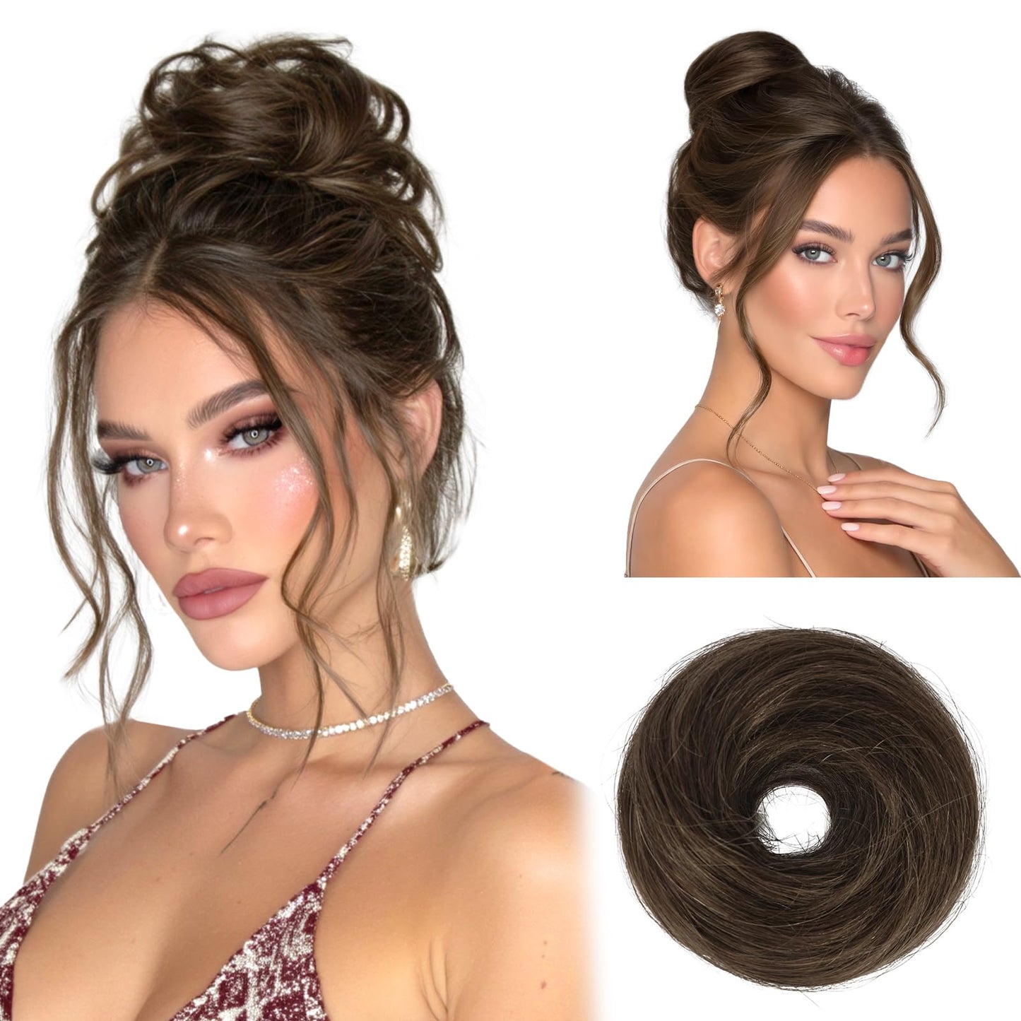 RUWISS Small Messy Bun Hair Piece Human Hair, One Hairpiece Two Styles Mini Natural Looking Scrunchies Updo for Daily, Hair Buns for Thin & Fine Hair Women Ponytail Extension (Brown)