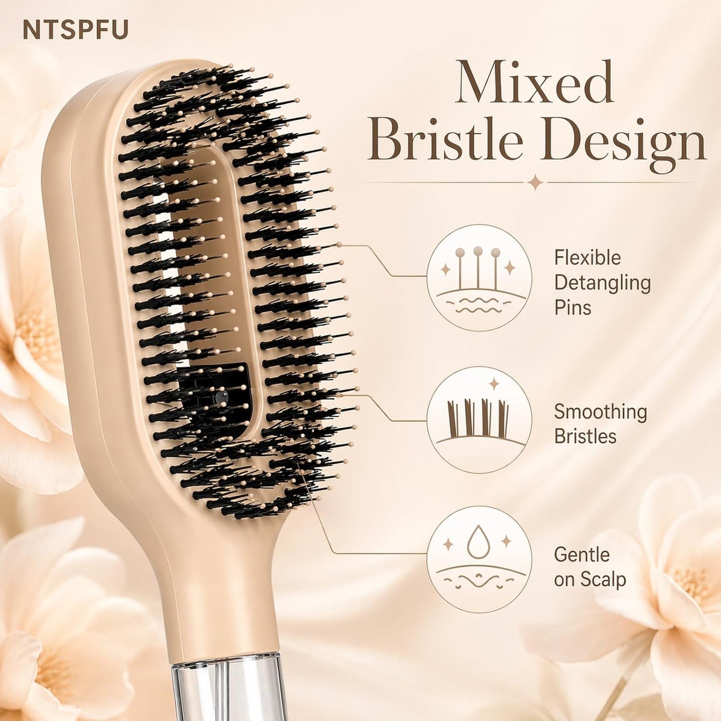 Misting Hair Brush - 2-in-1 Detangling Wet & Dry Hairbrush for Curly & Thick Hair | Refillable Water Spray, Anti-Frizz (Khaki)