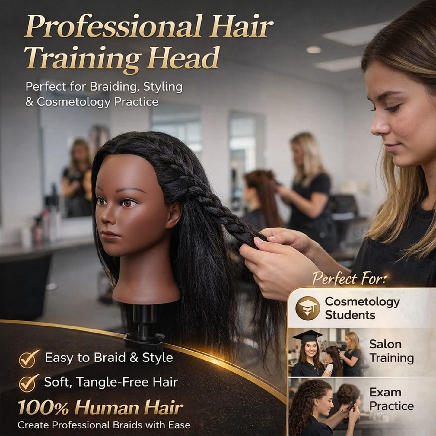 Mannequin Head Human Hair 16 Inch, 100% Real Human Hair Cosmetology Mannequin Head with Clamp Stand, Professional Hair Manikin Doll Head for Braiding, Styling & Hairdresser Training (Black-16inch)